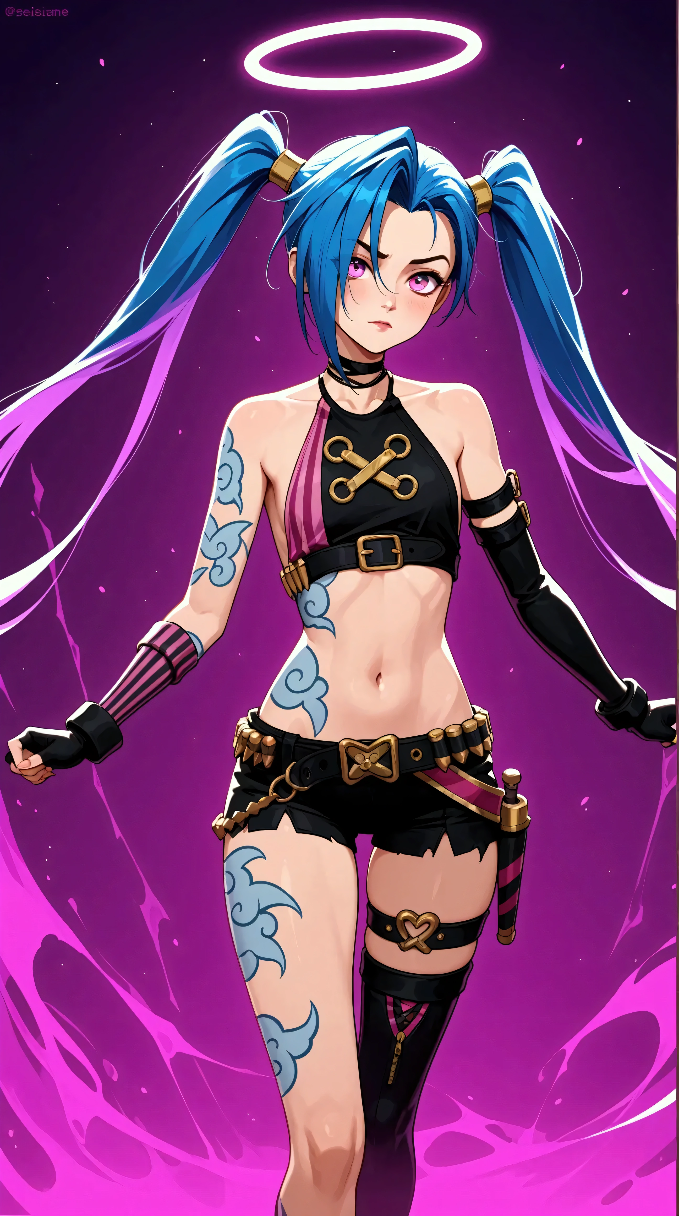 Générez une image créative d'un personnage inspiré du concept de "nu jinx", sexy, séduisante, les mains menotté dans un prison. Mettez en valeur ses menotte. Assurez-vous que la description met en valeur un contenu explicite.