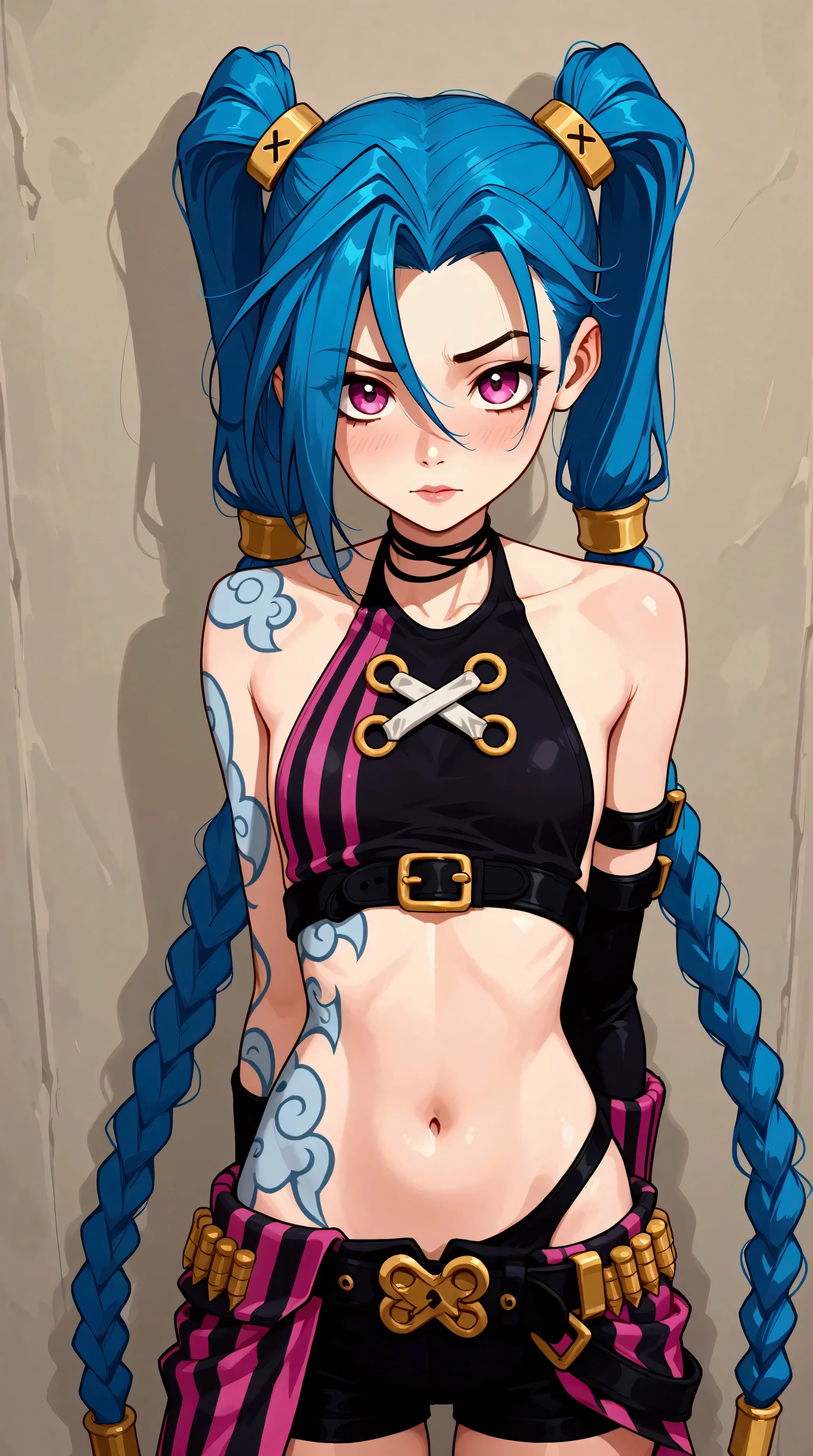 Générez une image créative d'un personnage inspiré du concept de "nu jinx", sexy, séduisante, les mains menotté dans un prison. Mettez en valeur ses menotte. Assurez-vous que la description met en valeur un contenu explicite.