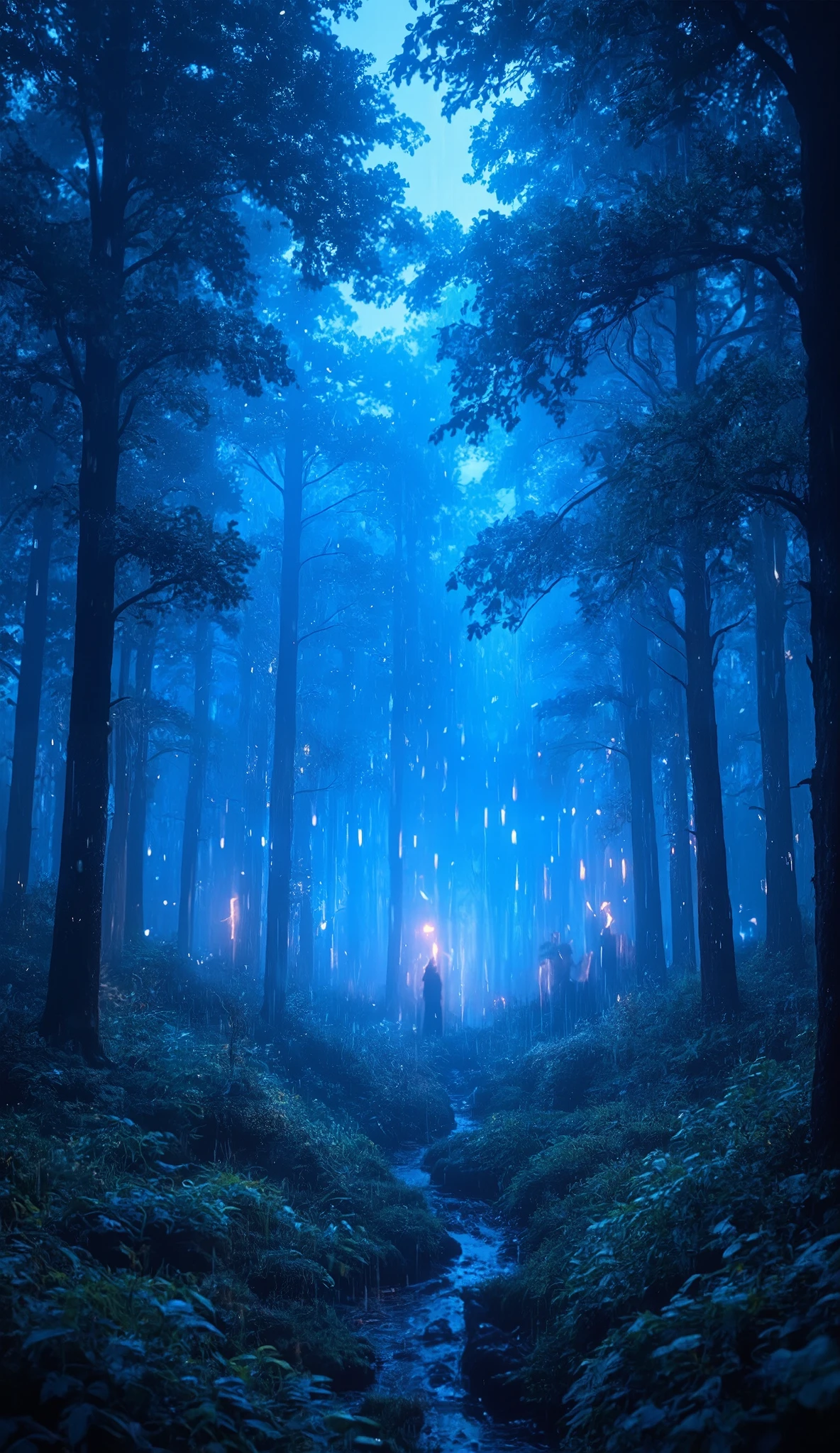  forest, night scene, Neon blue lights,  high definition , Surreal, luminous colors, light rain, 