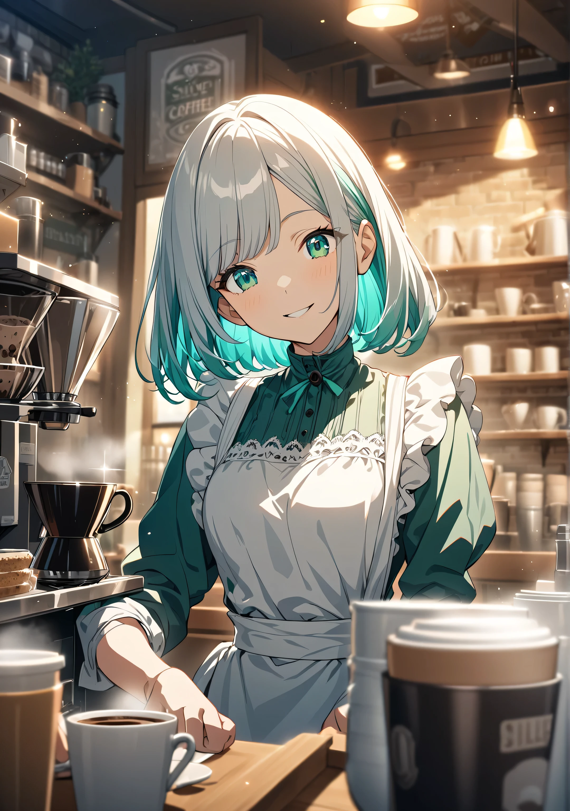 Anime girl with blue hair and green eyes standing in a coffee shop ...