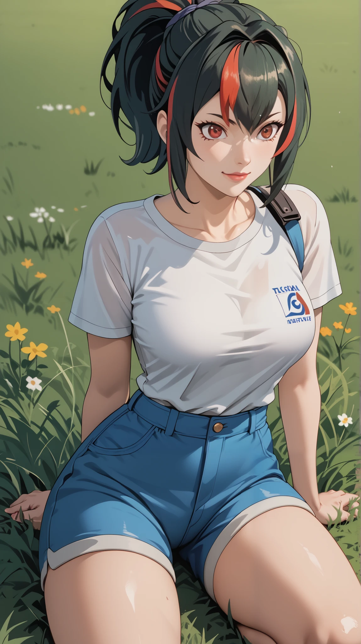 Masterpiece, extremely detailed,4k,solo,1girl,tsunade,full body,perfect slim body, stand up,ambarrased ,long legs ,perfect slim body,large breasts, ((kawai face)),embarassed ekspression,smile,(closed lips),arms behind back, cowboy shoot,((grass)), front look, looking at viewers, white tshirt, ((short pants)) 
