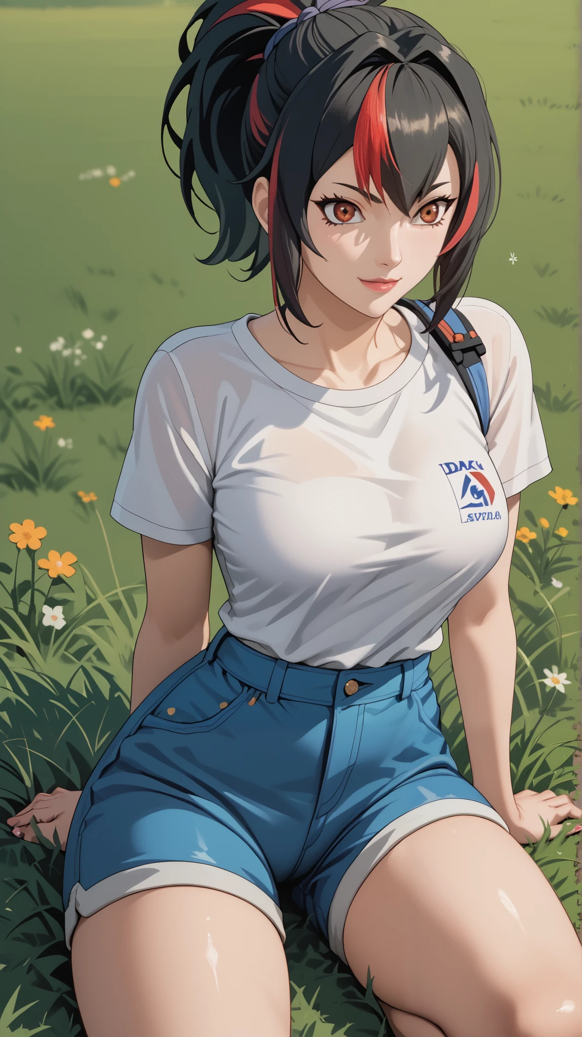 Masterpiece, extremely detailed,4k,solo,1girl,tsunade,full body,perfect slim body, stand up,ambarrased ,long legs ,perfect slim body,large breasts, ((kawai face)),embarassed ekspression,smile,(closed lips),arms behind back, cowboy shoot,((grass)), front look, looking at viewers, white tshirt, ((short pants))