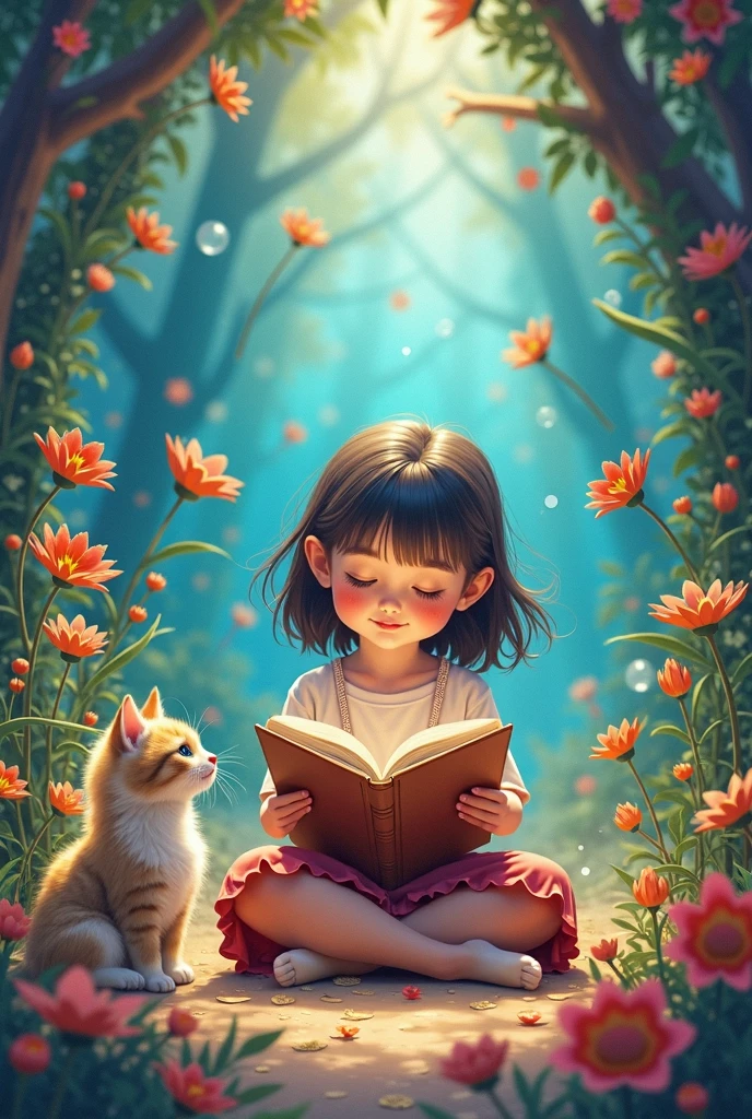 A joyful children's book cover for learning to read, featuring a curious young girl sitting under a colorful tree with a book in her hands, surrounded by playful animals, vibrant flowers, and a bright blue sky, Artwork, illustration,
