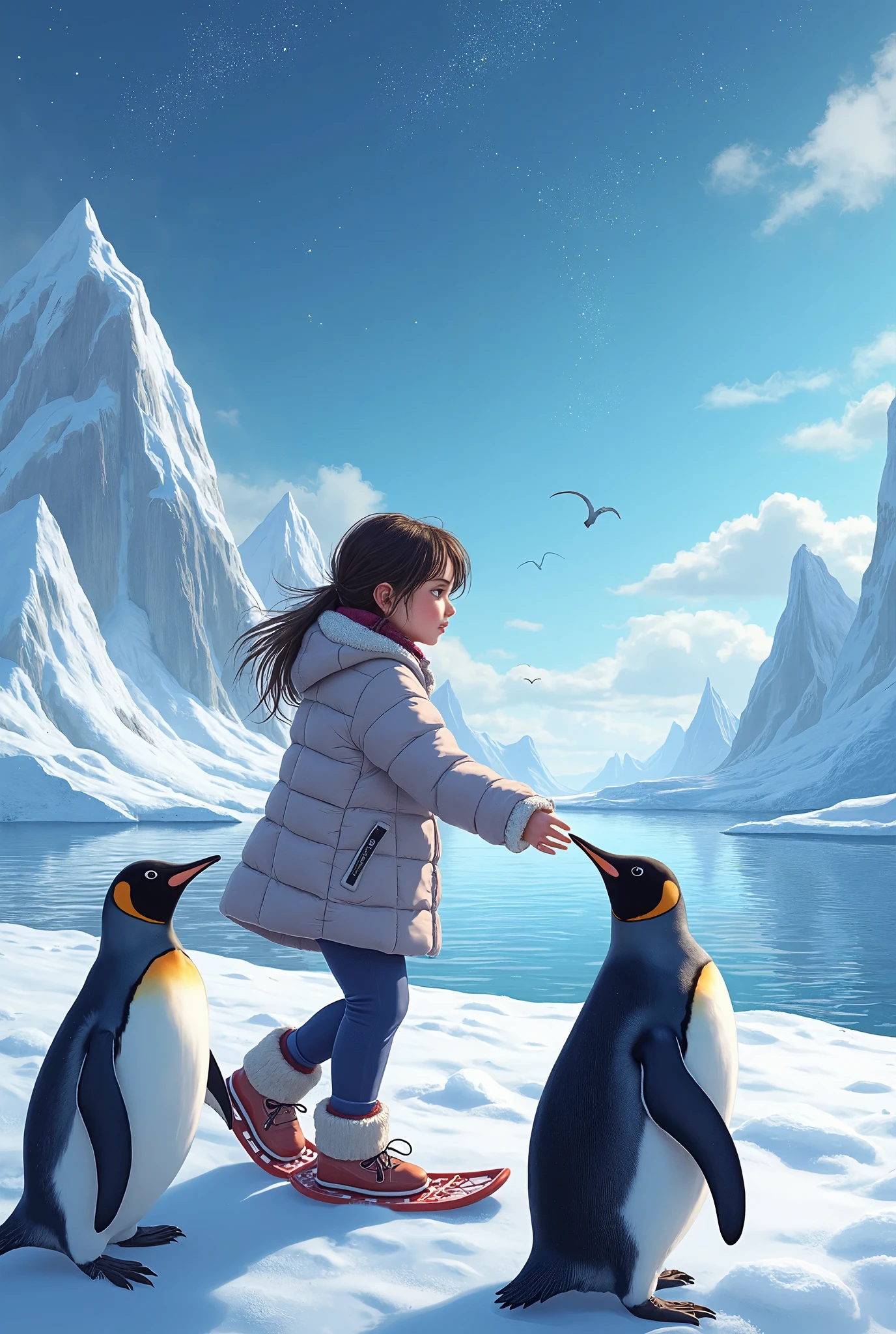 joyful dancing, penguin parent and child, ice skating on a shimmering ice surface,