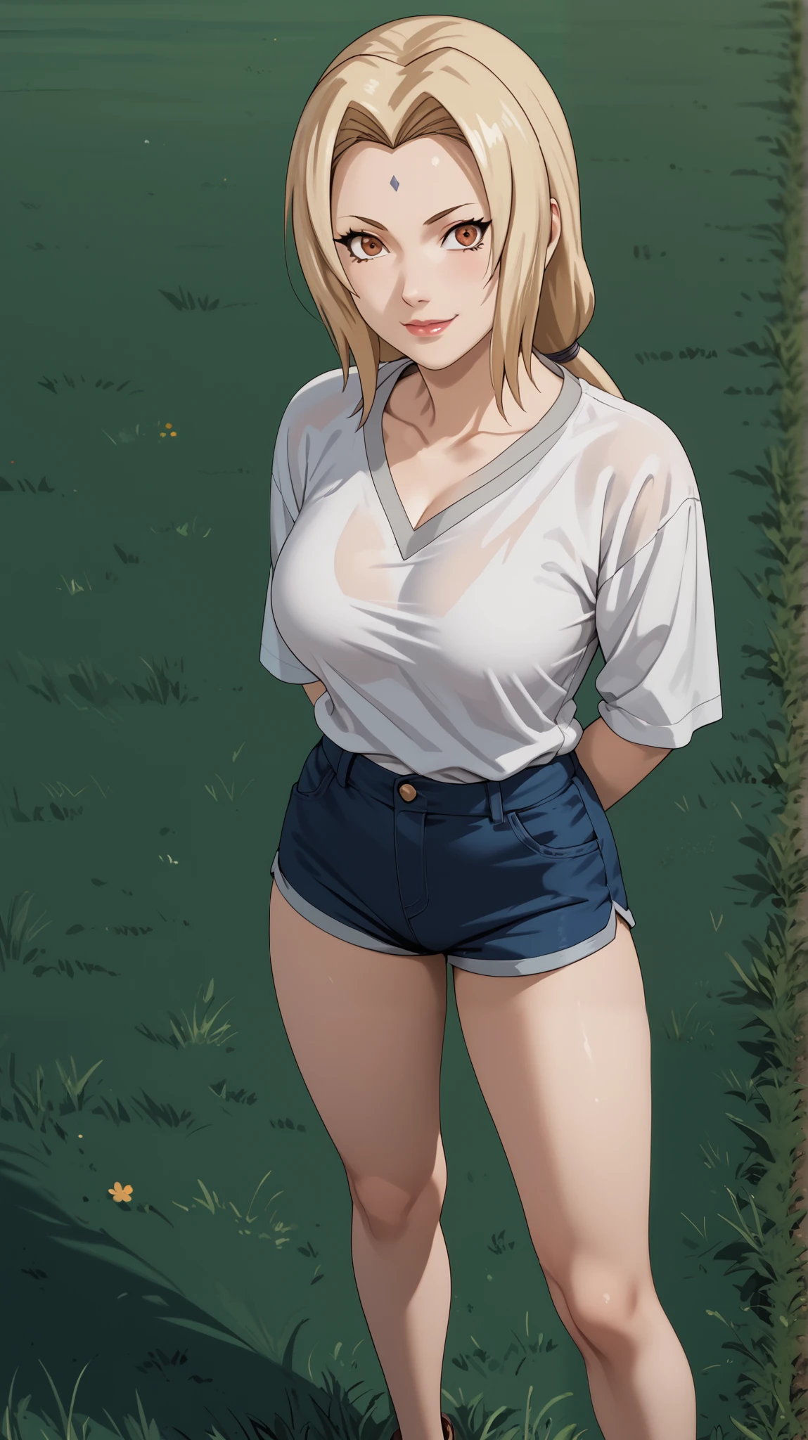 Masterpiece, extremely detailed,4k,solo,1girl,tsunade,full body,perfect slim body, stand up,ambarrased ,long legs ,perfect slim body,large breasts, ((kawai face)),embarassed ekspression,smile,(closed lips),arms behind back, cowboy shoot,((grass)), front look, looking at viewers, white tshirt, ((short pants)) ,photograph,cowboy shot