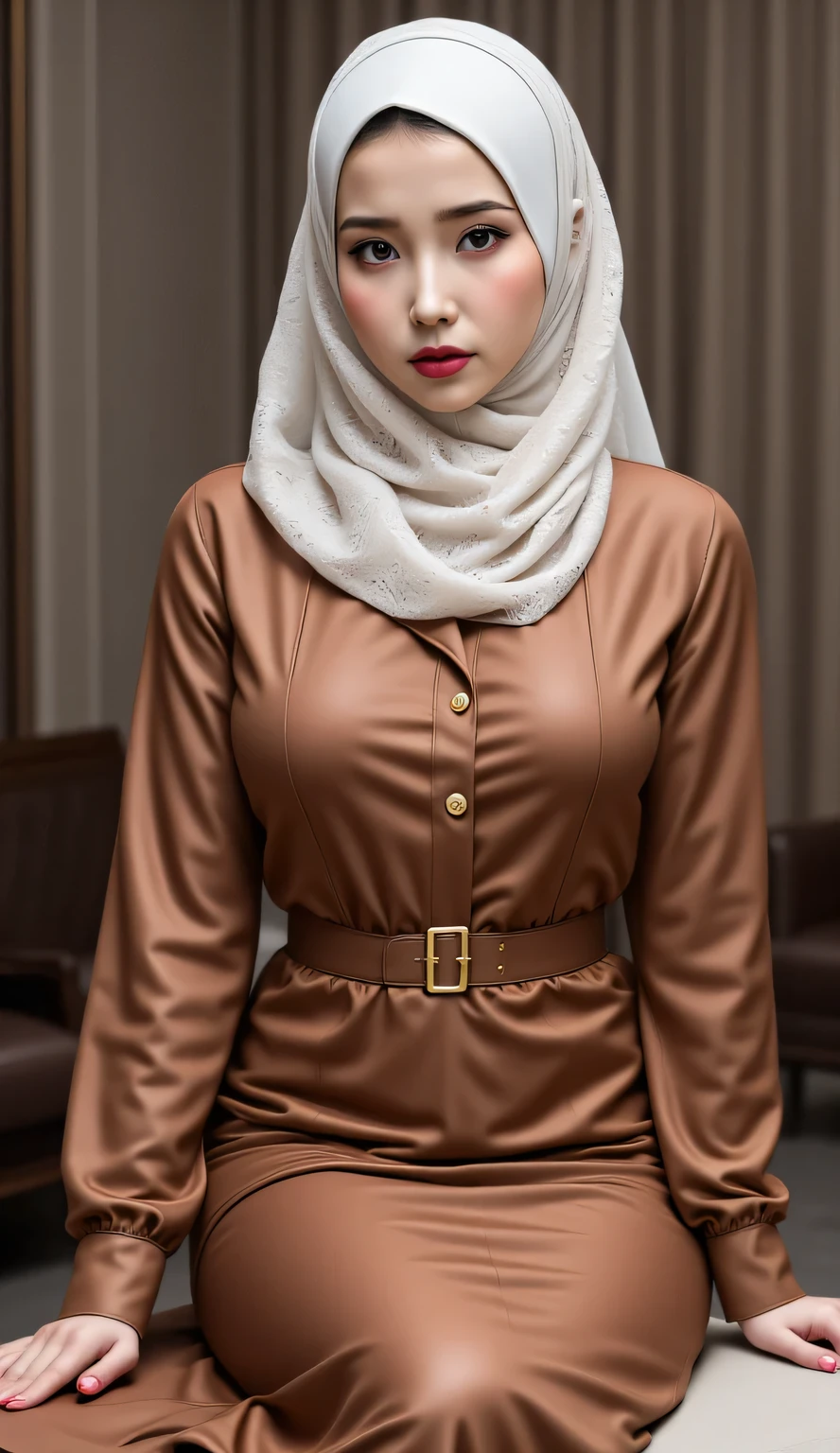 an office lady, sitting in singggasana , look very sexy body curves , Using a long sleeve satin formal shirt in brown color , using a long tight span skirt to the toe of brown color, using a long hijab of white color floral print , mouth and nose covered with a veil , flaming red lips ,