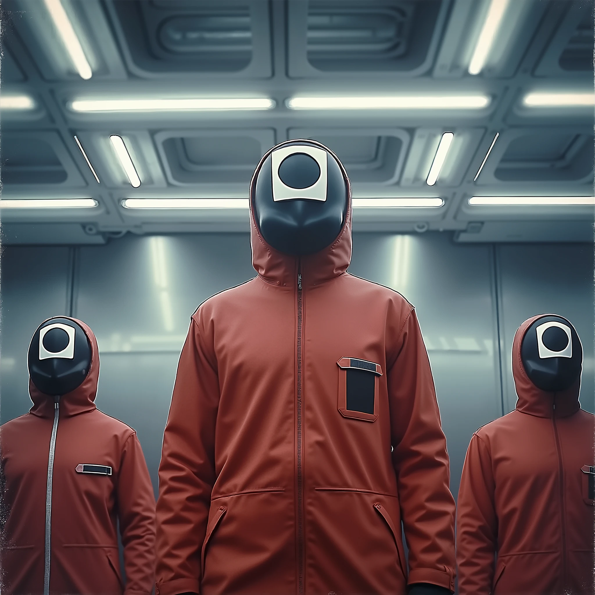 Three enigmatic figures in a minimalist and futuristic setting, evoking the aesthetics of the 1970s. They are dressed in simple red jumpsuits and smooth black masks with white geometric details, such as squares and circles, symbolizing a system of hierarchy or control. The environment is industrial, featuring a metallic, cold backdrop and strong fluorescent lights on the ceiling, creating a dramatic contrast between the warm tones of the outfits and the bluish-gray background. The central figure is in sharp focus, standing with an imposing and symmetrical posture, while the other figures are slightly blurred in the background, suggesting depth and mystery. The visual style reflects retro sci-fi, with soft tones and a grainy texture typical of analog photography from the era, lending an authentic and suspenseful atmosphere.