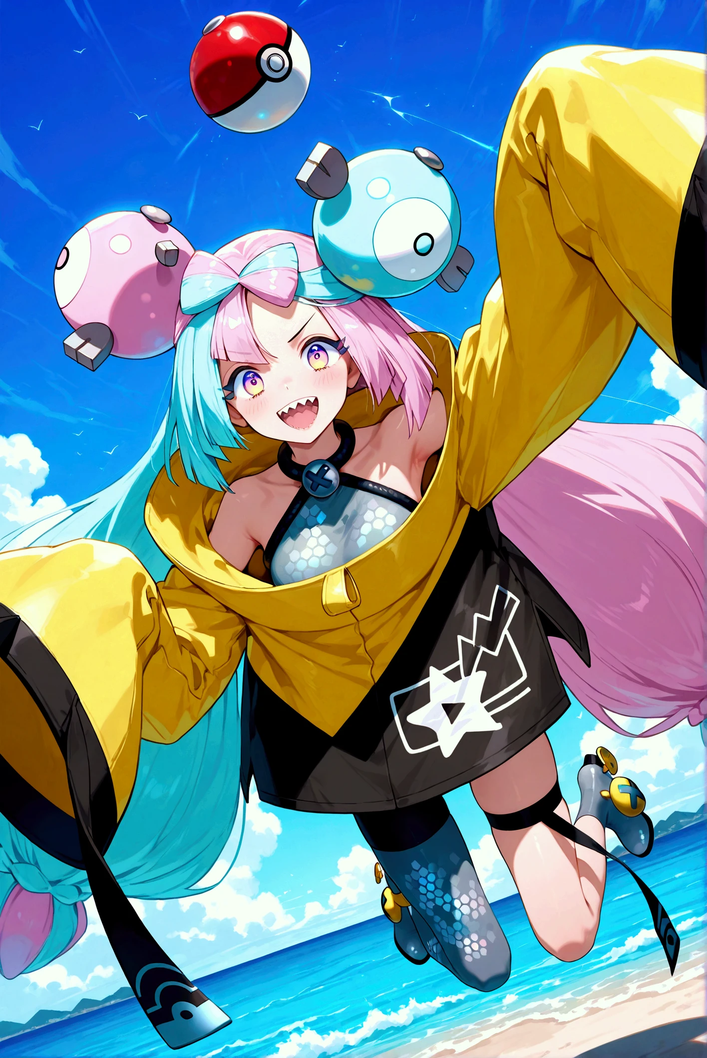 (Highest quality, masterpiece, Very detailedな, Very detailed, Exquisite, 16K,Full HD),(White Background:1.5),、Big Breasts,Pink hair and blue eyes、Yellow Jacket、Please raise your right hand、Lower your left hand、Stand only on your right foot、Raise your left leg。smile、Nanjamo,No text,(((Detailed fingers)))
