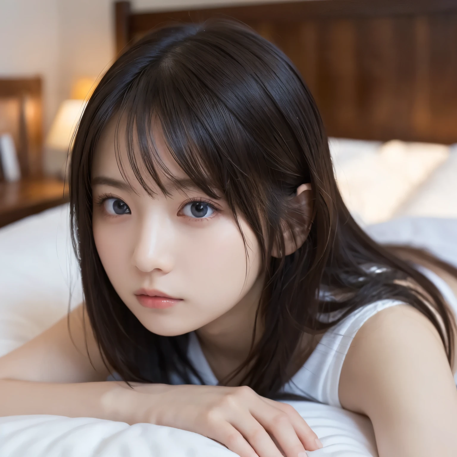 (In 8K、Raw photo, highest quality, High resolution:1.2)、(Realistic、Photorealistic:1.5)、1. Female、((30 years old))、Japanese, alone, Beautiful woman lying in bed and sleeping, ((return)), ((return camera)), ((School uniform)), ((Fewer moles)), ((short hair)), ((Wavy Hair)), Detailed body, Cute and very detailed, ((Night room)), ((dark light)), Dim lighting, (shades of blue), (cool lighting)