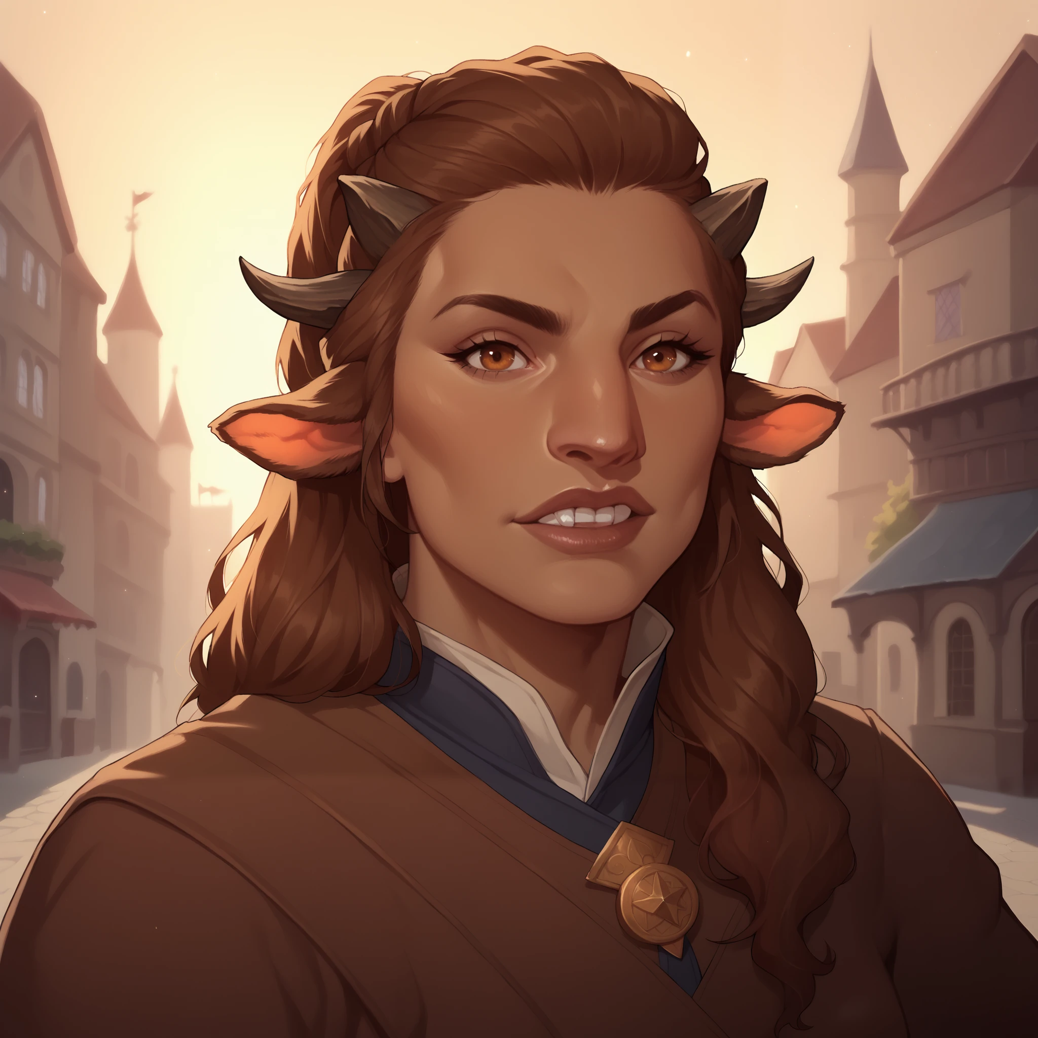 (((beautiful, high quality, comics style, detailed face))), score_9, score_8_up, score_7_up, BREAK, 1girl, Firbolg, furry, big nose, animal ears, (1pair of small horns), brown skin, solo, portrait, upper body, portrait, magician, serious expression, bearing teeth, medieval city background, fantasy, blurred background, DeepNegative_xl_v1, detailxl, zPDXL3