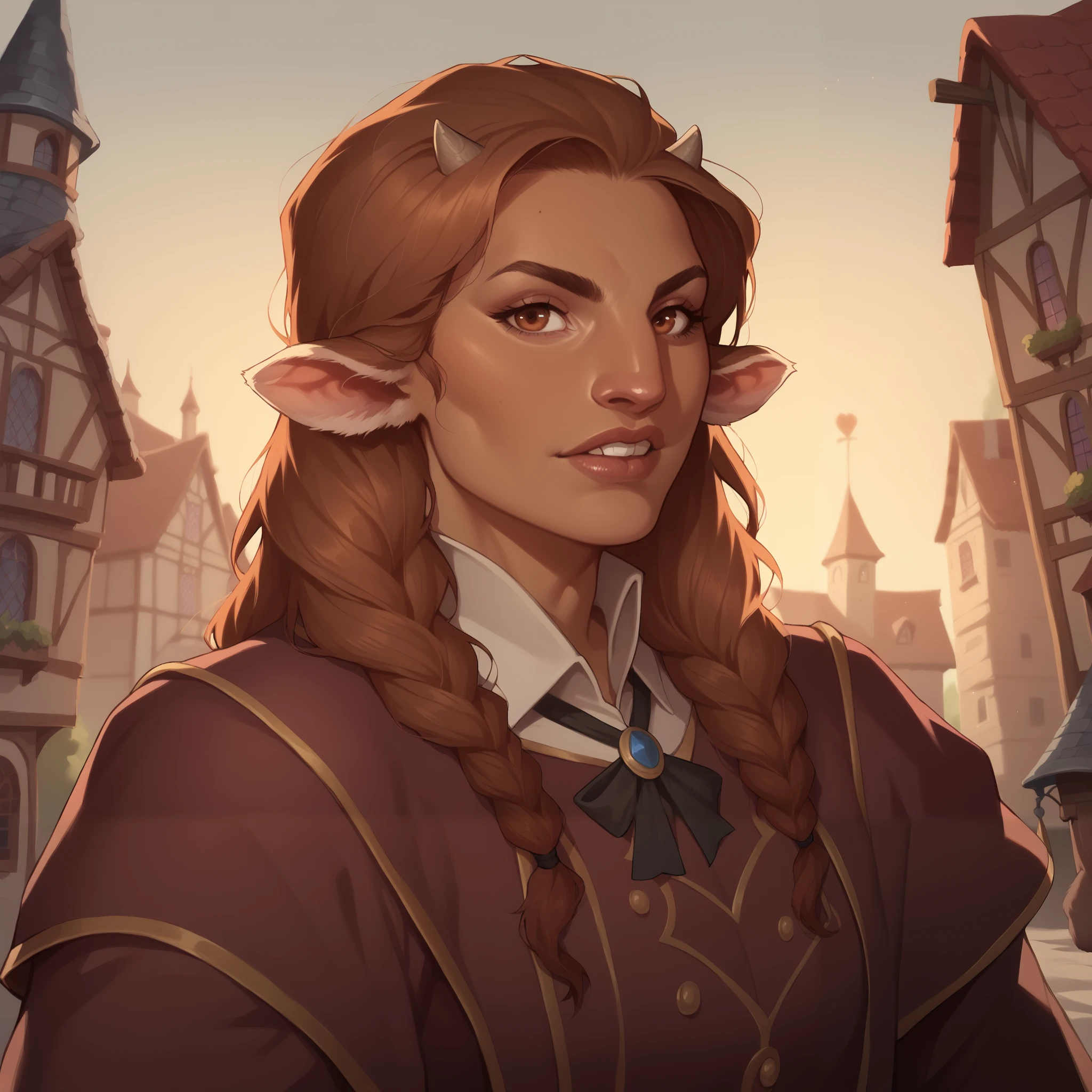 (((beautiful, high quality, comics style, detailed face))), score_9, score_8_up, score_7_up, BREAK, 1girl, Firbolg, furry, big nose, animal ears, small horns, brown skin, solo, portrait, upper body, portrait, magician, serious expression, bearing teeth, medieval city background, fantasy, blurred background, DeepNegative_xl_v1, detailxl, zPDXL3