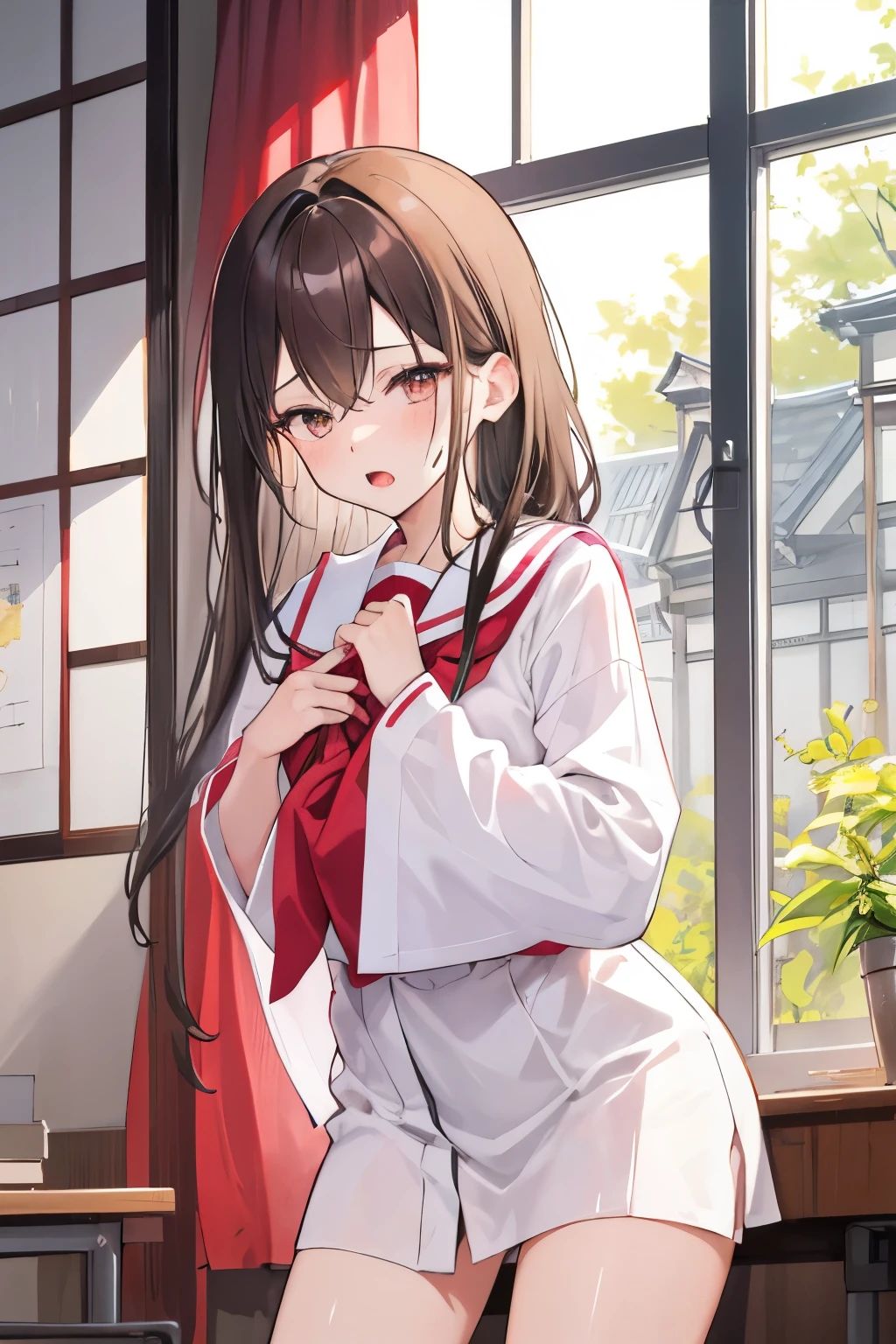 score_9, score_8_up, score_7_up, score_6_up, Very detailed illustrations, official art, Ultra Fine Illustration , super high resolution, one girl, blush, princess cut, long light brown hair, Asymmetrical bangs, chest, embarrassing, squinting, Slutty Girl , open her mouth , (sweat: 0.8), Completely naked, Beautifully Designed Window Frames, (curtain), Japanese School Uniform School Classroom ,