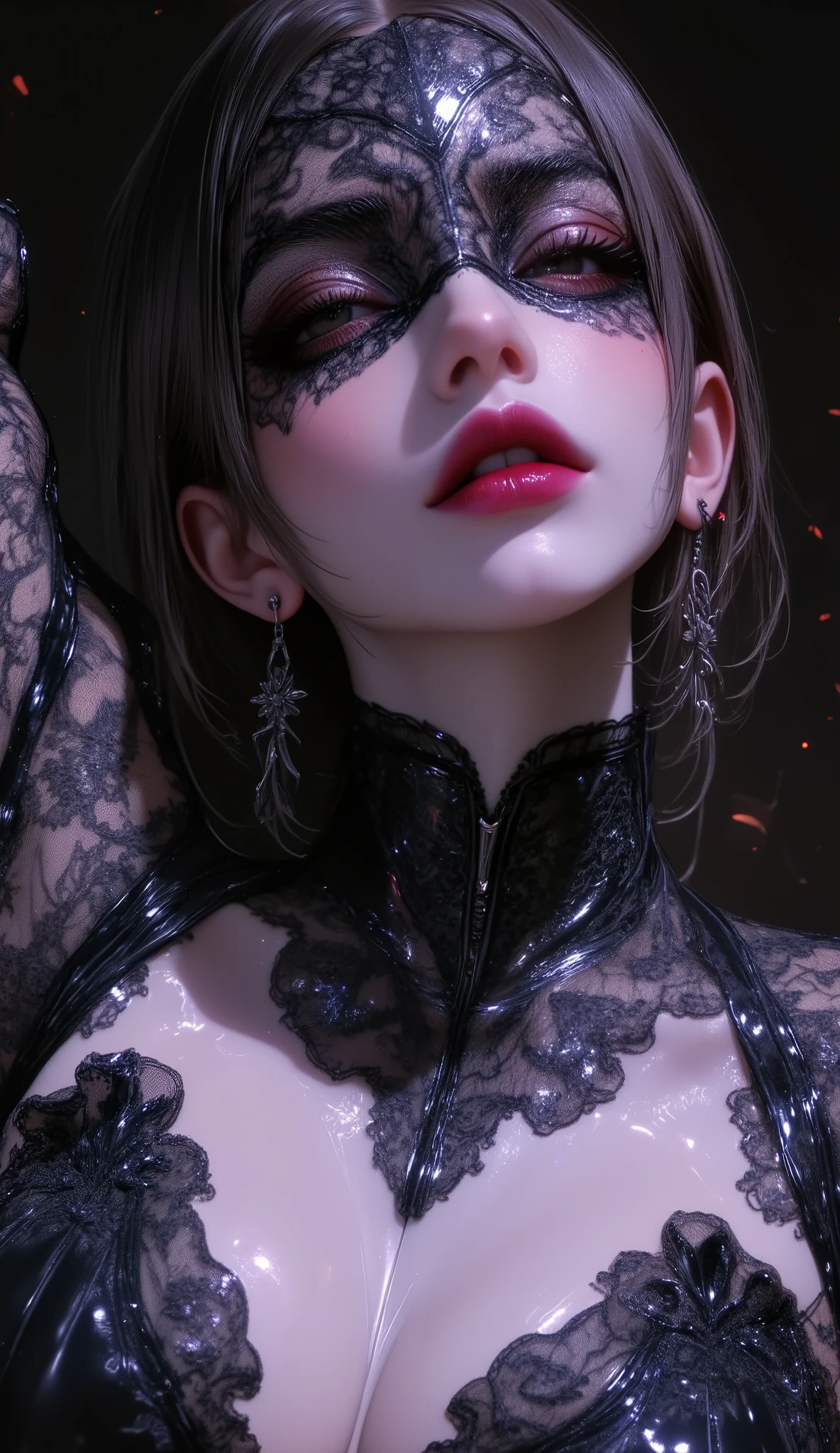 (((black lace mask)))、 charming, desire, Mature Woman, Captivating body lines , (( fine facial features , open your mouth, eroticism)), dramatic lighting , 8k, Cinematic Composition , dark moody vibe , Dramatic Shadows , Intricate and elaborate pattern , 30 megapixel , chiaroscuro lighting , moody color palette , deep contrast , manhwa semi-realism 、 Beautiful