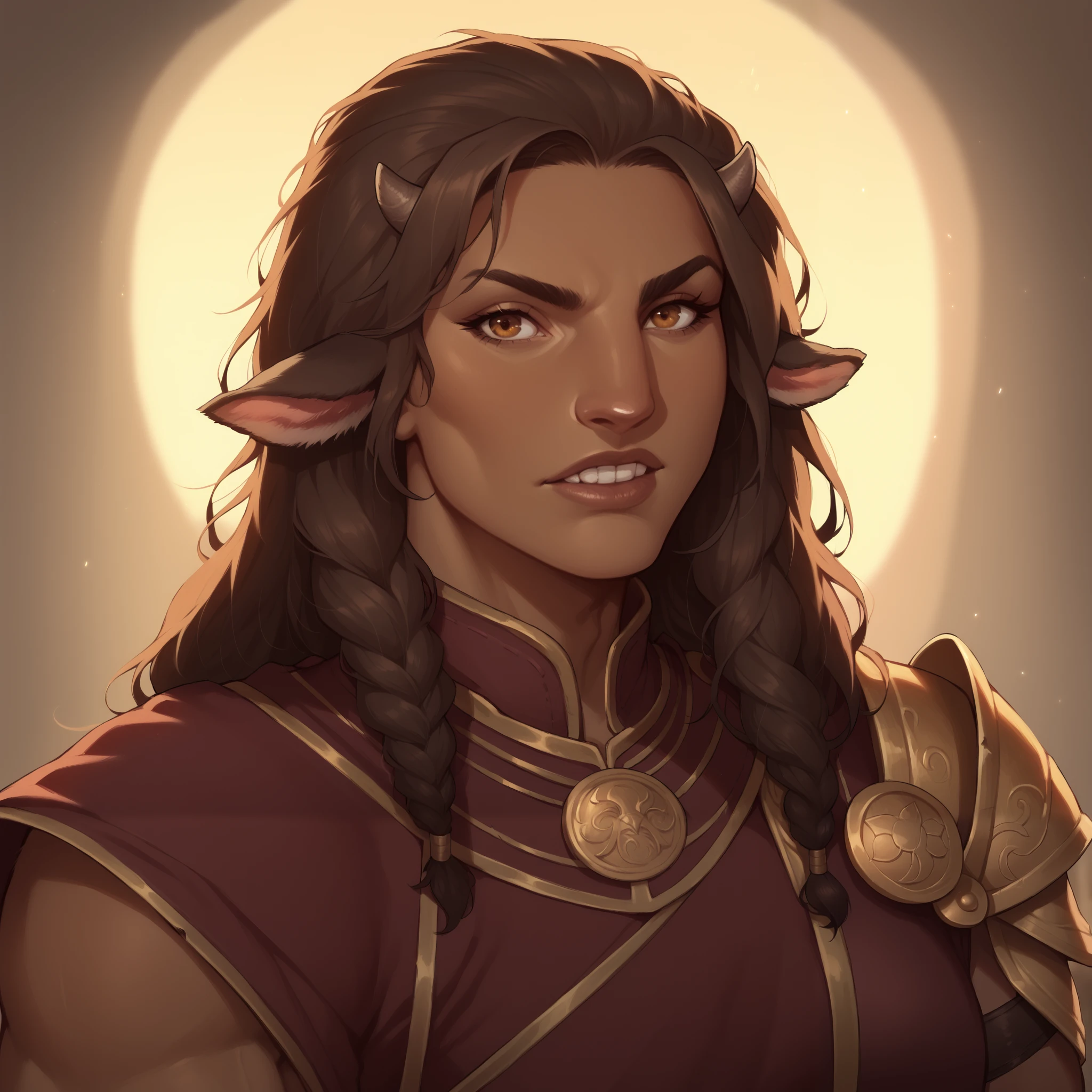(((beautiful, high quality, comics style, detailed face))), score_9, score_8_up, score_7_up, BREAK, 1girl, Firbolg, furry, big nose, animal ears, small horns, brown skin, muscular, large build, gladiator, solo, portrait, upper body, portrait, serious expression, bearing teeth, greek city background, fantasy, blurred background, DeepNegative_xl_v1, detailxl, zPDXL3