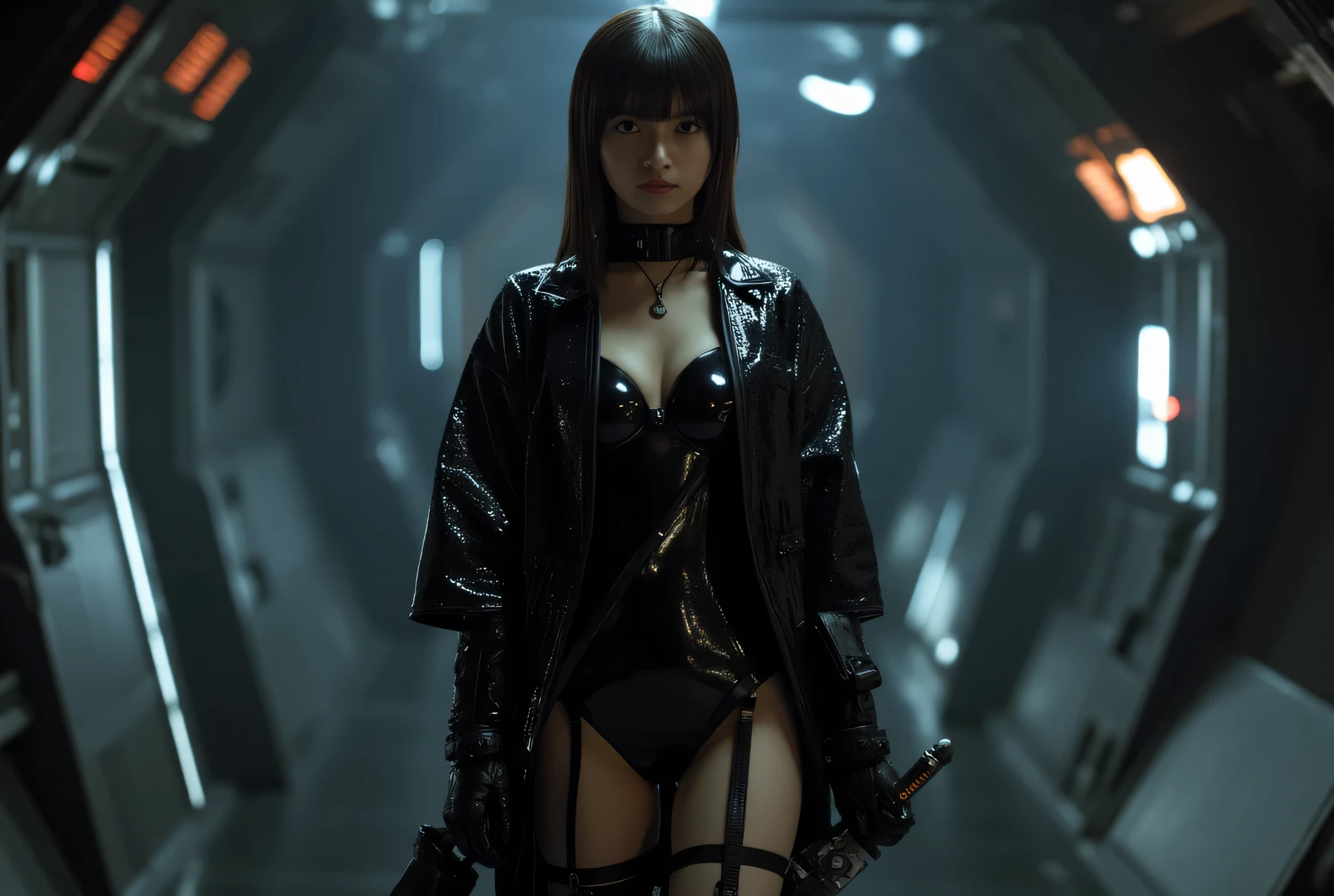 Blade Runner style futuristic city street, at night. (((1girl, solo, alone))), large-breast:1.3 slim:0.8 body, medium hair, cleavage:1.1, sexy micro laced lingerie with jacket, (black sunglasses), (((((she raised a pistol:1.8 and shot the viewer))))), standing pose, ((half-body thigh:0.95 level medium shot)), cinematic lighting, lens flare, ray tracing.