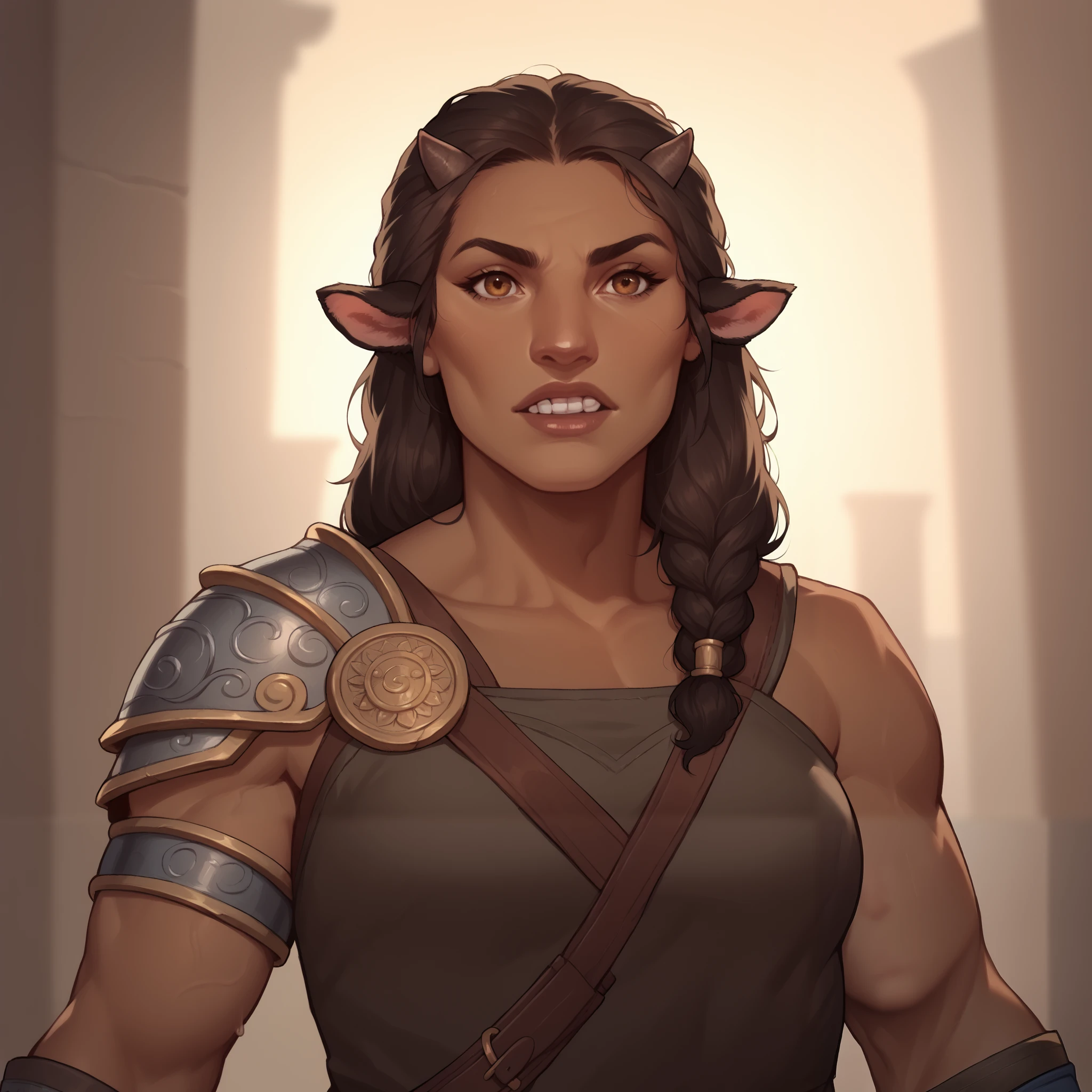 (((beautiful, high quality, comics style, detailed face))), score_9, score_8_up, score_7_up, BREAK, 1girl, Firbolg, furry, big nose, animal ears, small horns, brown skin, muscular, large build, gladiator, solo, portrait, upper body, portrait, serious expression, bearing teeth, greek city background, fantasy, blurred background, DeepNegative_xl_v1, detailxl, zPDXL3