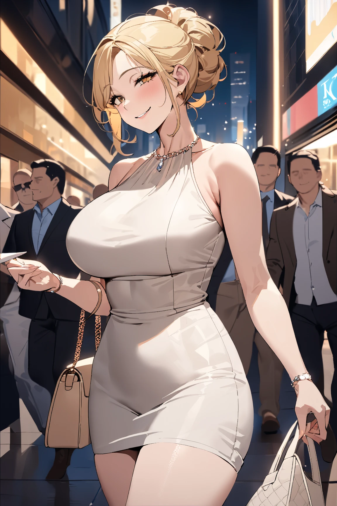 top quality, masterpiece,  high resolution, 8k,  anatomically correct human body , The right move,  beautiful hands , 1 Girl, Alone, (((cowboy shot))), mature woman, black hanging eye, ((( wear blonde hair up ))), (((Busty Wife))), (((smile))), (Walking the city at night), milf,  ((( casual sexy dress))), (luxury handbag ),  Audience 