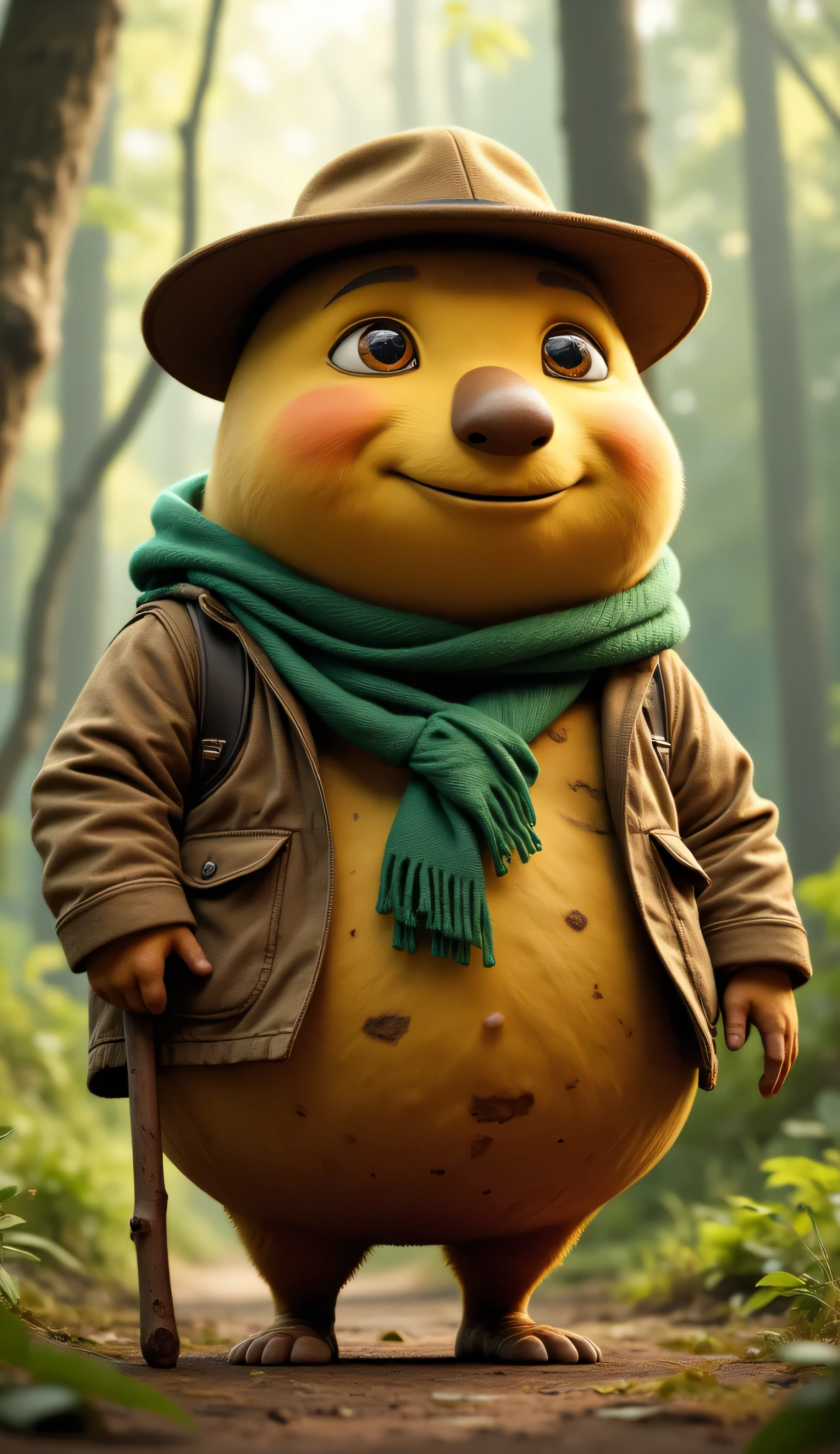 Imagine a whimsical potato humanoid creature standing in a softly blurred forest. Its body is plump and round, resembling a potato, with a textured, earthy skin tone. The creature wears a tattered brown jacket that hangs loosely on its form, giving it a rustic, adventurous look. A vibrant green scarf is wrapped around its neck, adding a splash of color and warmth.
Atop its head sits a large brown hat with a wide brim, casting a gentle shadow over its expressive features. The creature has a prominent, oversized brown nose that adds to its charm, and its eyes twinkle with curiosity and mischief. In one hand, it clutches a sturdy stick, perhaps a walking staff or a tool for foraging.
The background is a dreamy forest, with trees and foliage softly blurred, creating a sense of depth and tranquility. Dappled sunlight filters through the leaves, casting gentle patterns on the ground, enhancing the enchanting atmosphere of this potato humanoid's woodland adventure.