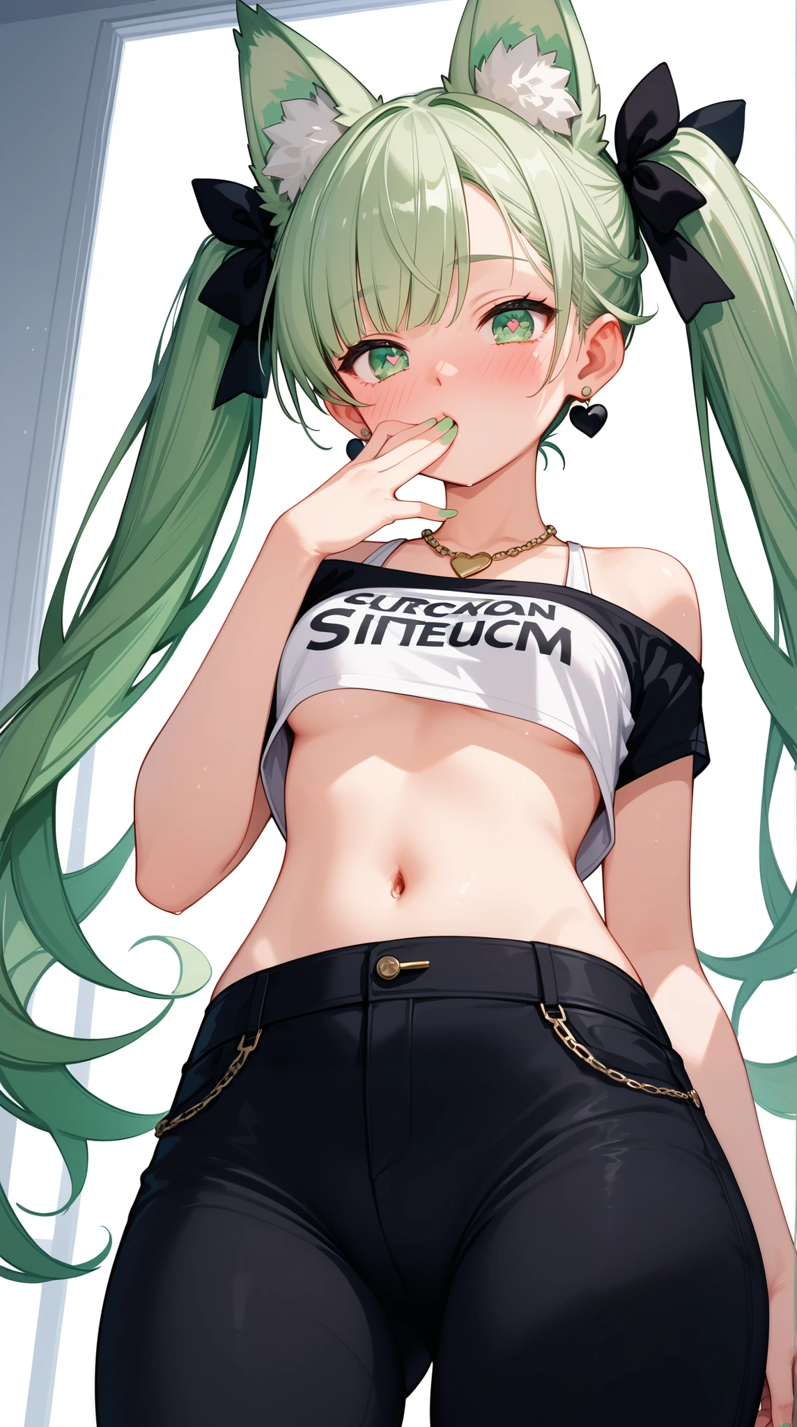 4k anime style, Smooth anime CG, 8k anime, Best quality, High resolution,Superdetail,Perfect light,from below,Teenager woman, light-skinned and likely Asian or of a similar ethnicity, is depicted from mid-thigh up. She is in her late teens or early twenties. She wears a light-gray blazer draped over her shoulders, a black, form-fitting crop top, and black athletic-style pants with a drawstring. Her nails are painted black. She has a light tan complexion and a toned physique. She is wearing a small teal-colored necklace and earrings with light, metallic details. Her hair twintails,light green hair.,On Her head has light green animal ears., She has striking green eyes and is looking slightly downward, her hand covering her mouth. Her facial expression is somewhat Panicking, Full-face Blush, Heart In Eye.,She is positioned leaning against a light gray wall. The lighting is bright and casts soft shadows, highlighting her features and form. The colors are primarily muted tones of gray, black, and light beige, with twintails,light green hair.,On Her head has light green animal ears.,in her hair. The style is anime-inspired, with exaggerated features and a smooth, painterly aesthetic. The overall composition is focused on the figure, with the background details blurred to emphasize the character.show her nipple, The perspective is slightly above her, and the viewer is shown a close-up, detailed view.
