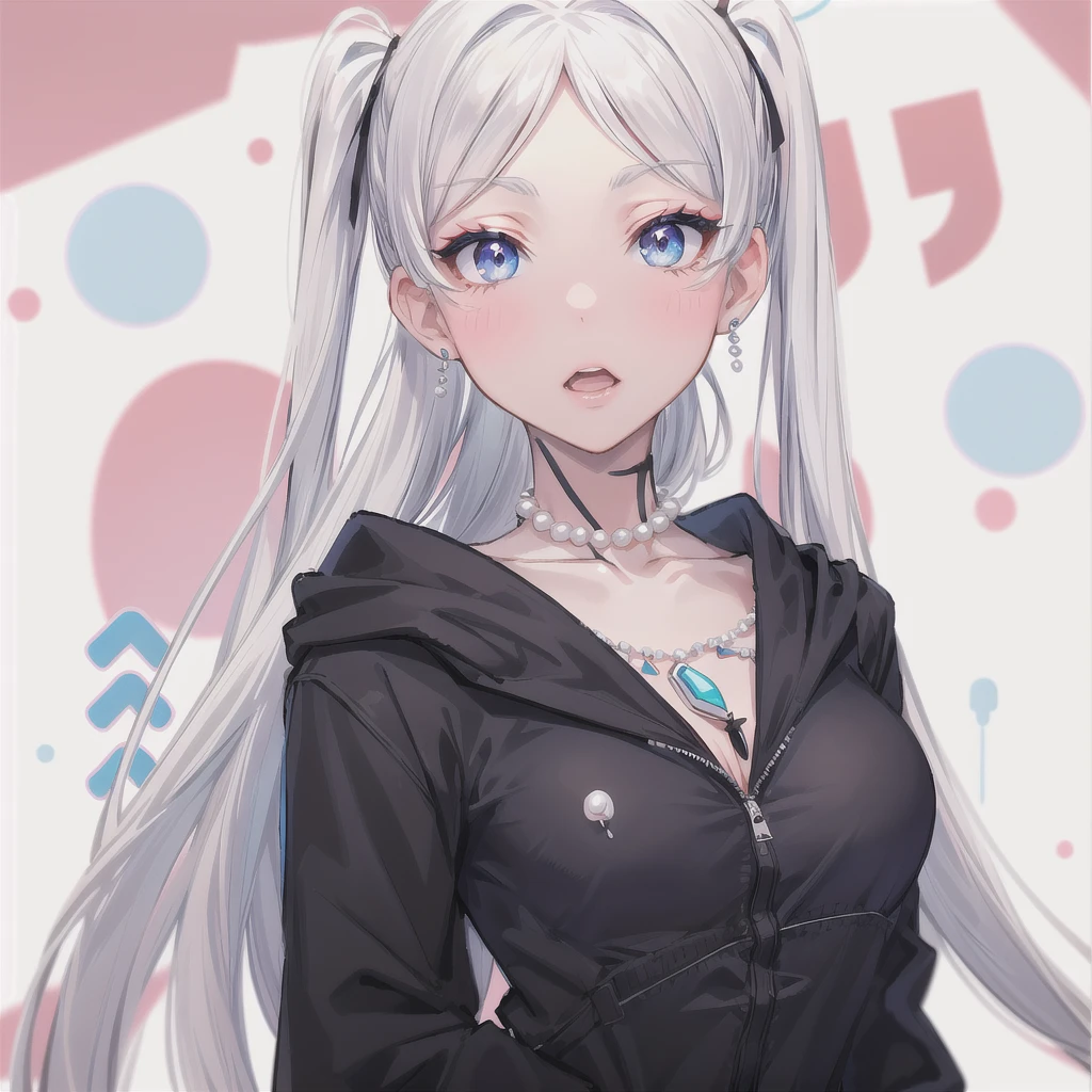 , huge, Twin tails, Silver Hair, hoodie, Big Breasts、Uplifting、Vintage Gothic, Pause, cute, Look up, high quality, necklace, ring, bracelet, Earrings