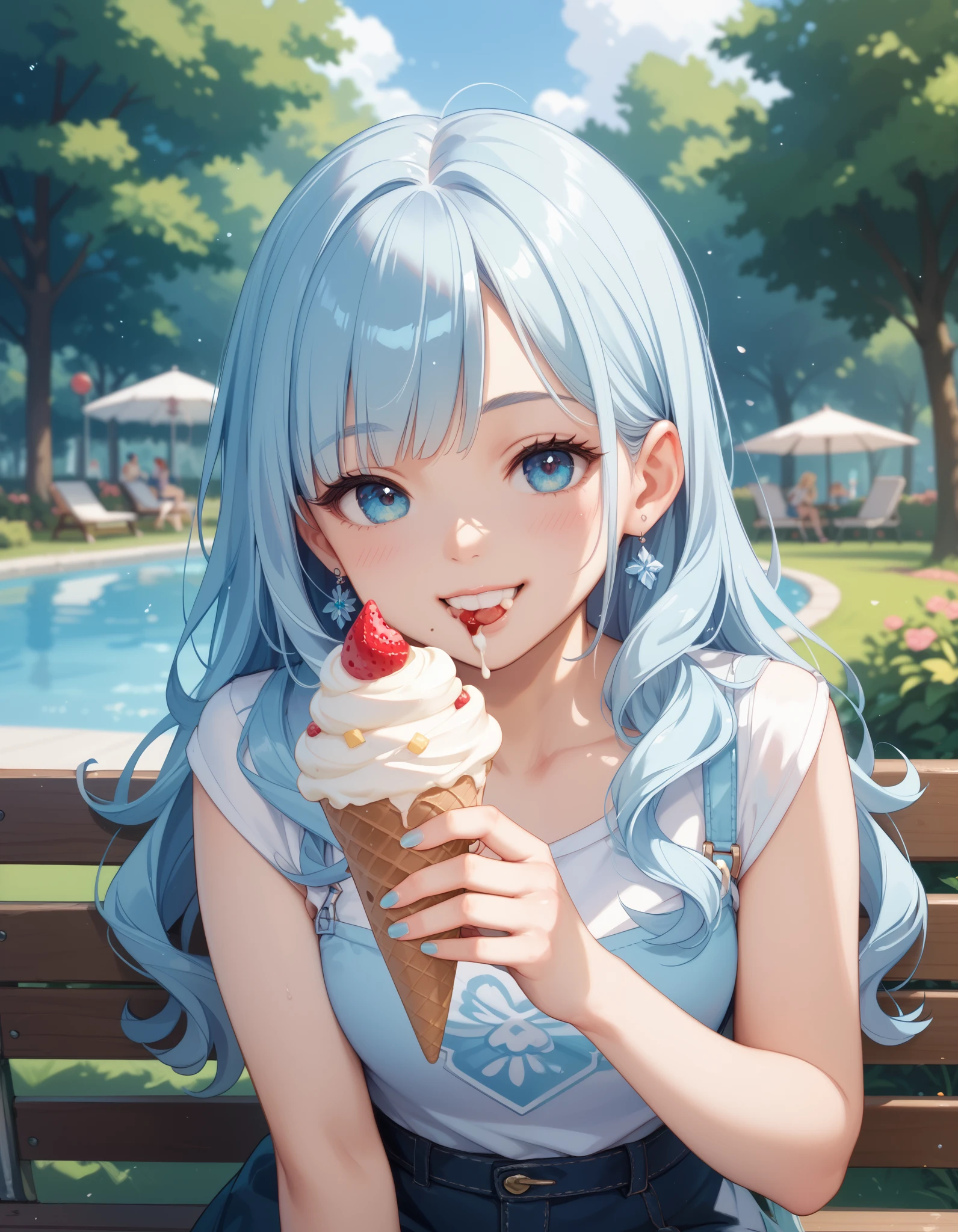  light blue long hair 、 beautiful twin-tail girl、I'm eating soft serve ice cream with a smile、Sunny day in the park、