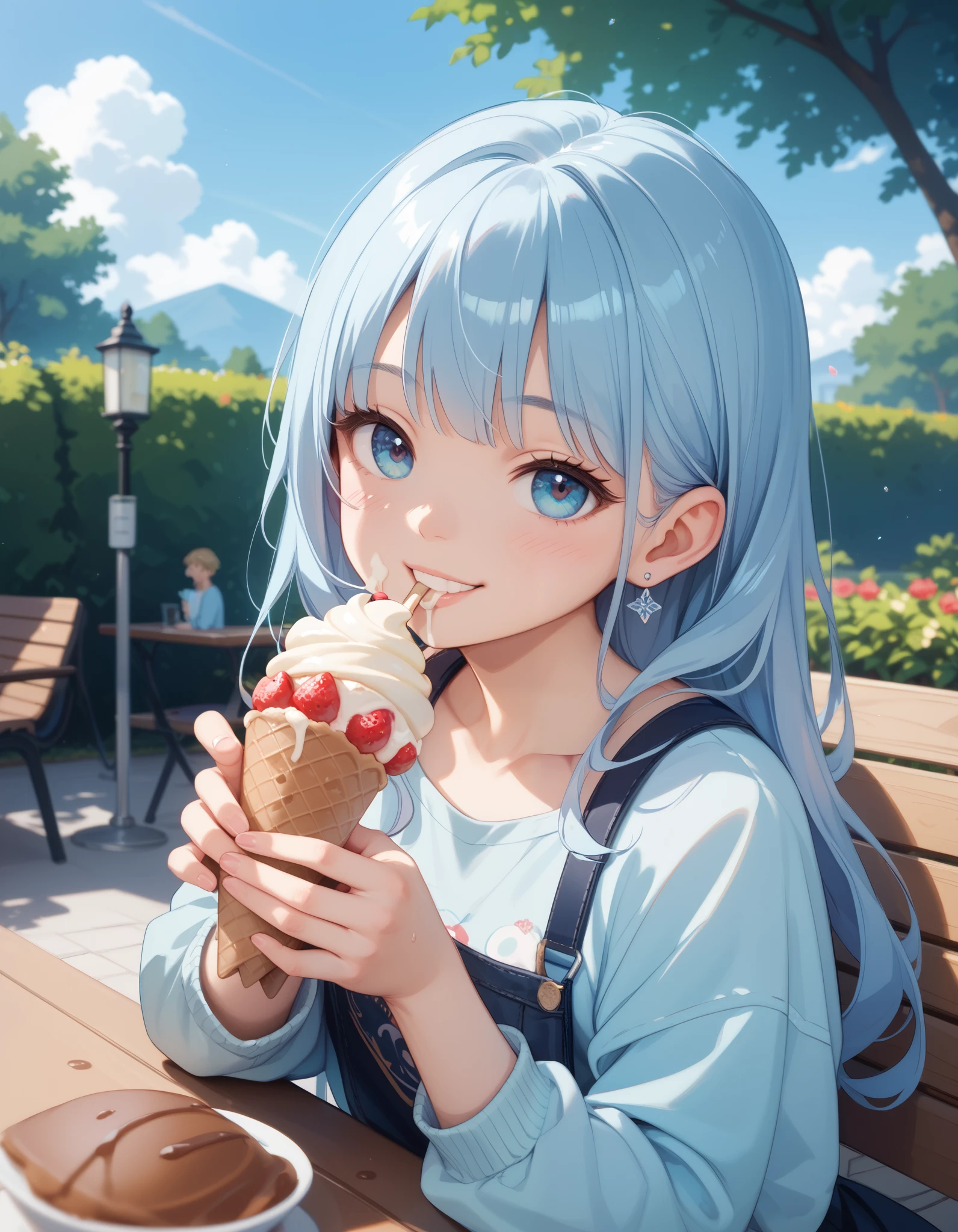  light blue long hair 、 beautiful twin-tail girl、I'm eating soft serve ice cream with a smile、Sunny day in the park、