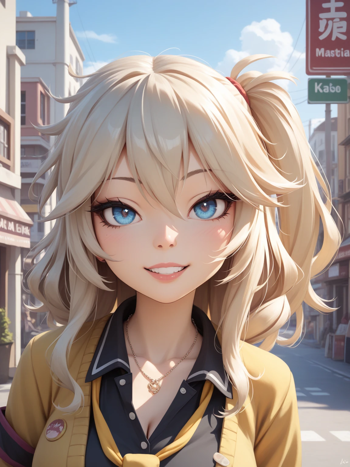 (best quality, masterpiece, ultra high definition, female 1 person:1.1), (name:Kasukabe Tsumugi), Street,(Look straight to the side), face up to hairstyle, Half-open eyes, masterpiece, Best Quality, Perfect Face, Highest Resolution, Best Quality, Detailed depiction of the eyes, 8k, kasukabe tsumugi, One Girl, Black shirt, Yellow tie, Yellow cardigan, Loose socks, plaid skirt
