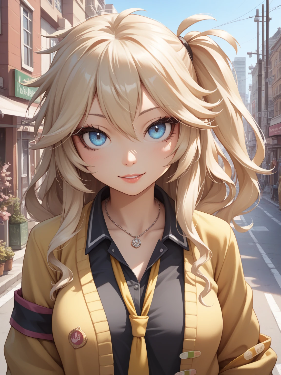 (best quality, masterpiece, ultra high definition, female 1 person:1.1), (name:Kasukabe Tsumugi), Street,(Look straight to the side), face up to hairstyle, Half-open eyes, masterpiece, Best Quality, Perfect Face, Highest Resolution, Best Quality, Detailed depiction of the eyes, 8k, kasukabe tsumugi, One Girl, Black shirt, Yellow tie, Yellow cardigan, Loose socks, plaid skirt