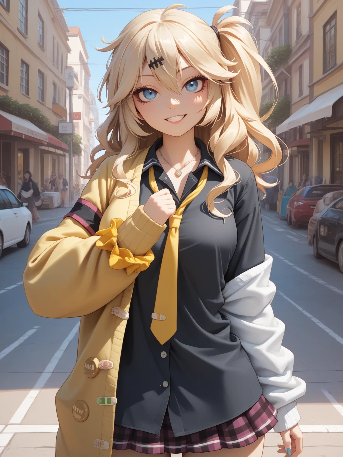 (best quality, masterpiece, ultra high definition, female 1 person:1.1), (name:Kasukabe Tsumugi), Street,(Look straight to the side), face up to hairstyle, Half-open eyes, masterpiece, Best Quality, Perfect Face, Highest Resolution, Best Quality, Detailed depiction of the eyes, 8k, kasukabe tsumugi, One Girl, Black shirt, Yellow tie, Yellow cardigan, Loose socks, plaid skirt