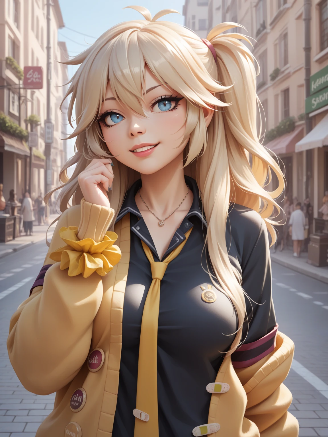 (best quality, masterpiece, ultra high definition, female 1 person:1.1), (name:Kasukabe Tsumugi), Street,(Look straight to the side), face up to hairstyle, Half-open eyes, masterpiece, Best Quality, Perfect Face, Highest Resolution, Best Quality, Detailed depiction of the eyes, 8k, kasukabe tsumugi, One Girl, Black shirt, Yellow tie, Yellow cardigan, Loose socks, plaid skirt