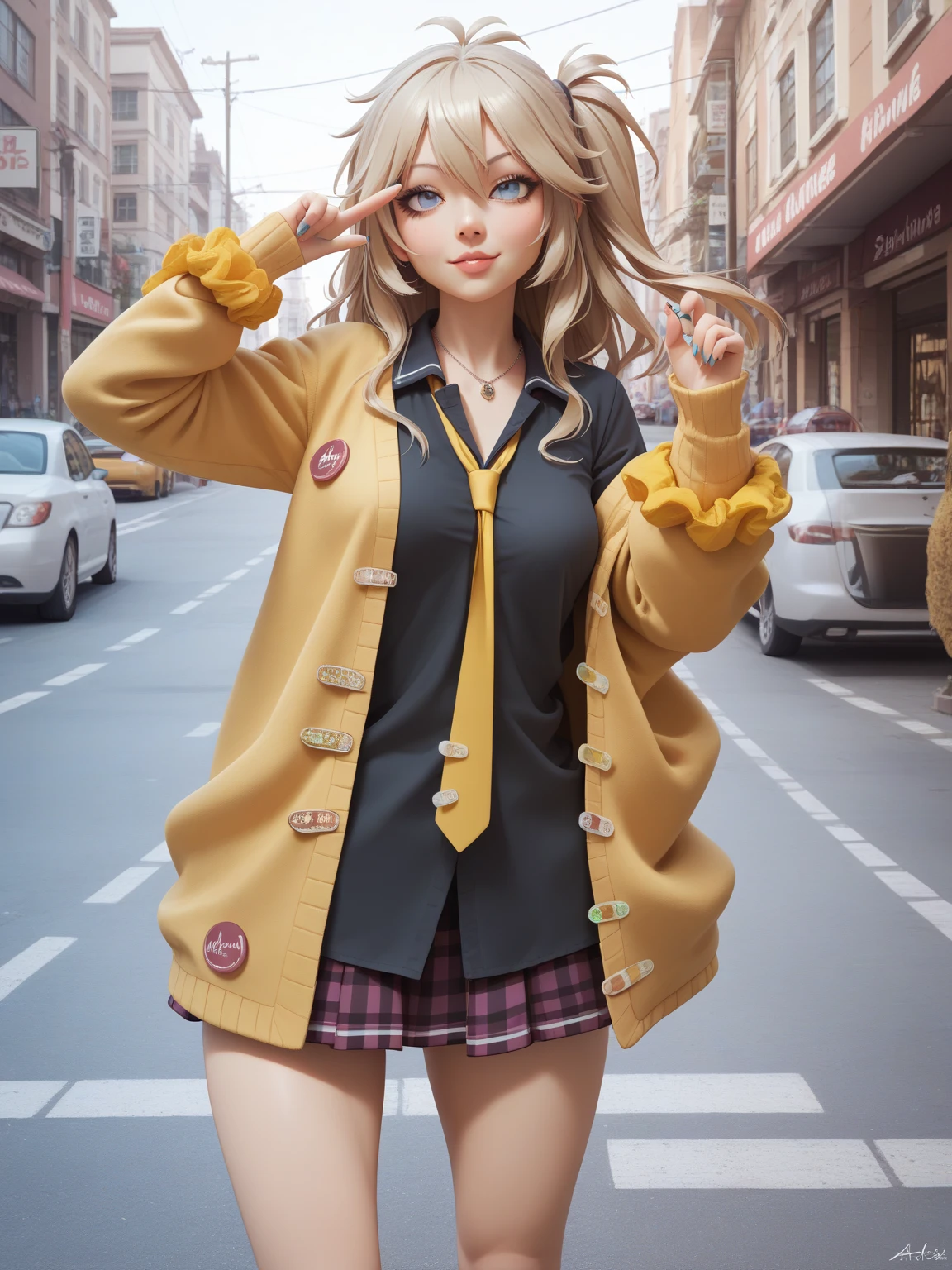 (best quality, masterpiece, ultra high definition, female 1 person:1.1), (name:Kasukabe Tsumugi), Street,(Look straight to the side), face up to hairstyle, Half-open eyes, masterpiece, Best Quality, Perfect Face, Highest Resolution, Best Quality, Detailed depiction of the eyes, 8k, kasukabe tsumugi, One Girl, Black shirt, Yellow tie, Yellow cardigan, Loose socks, plaid skirt