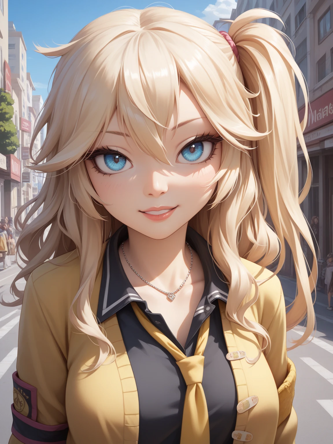 (best quality, masterpiece, ultra high definition, female 1 person:1.1), (name:Kasukabe Tsumugi), Street,(Look straight to the side), face up to hairstyle, Half-open eyes, masterpiece, Best Quality, Perfect Face, Highest Resolution, Best Quality, Detailed depiction of the eyes, 8k, kasukabe tsumugi, One Girl, Black shirt, Yellow tie, Yellow cardigan, Loose socks, plaid skirt