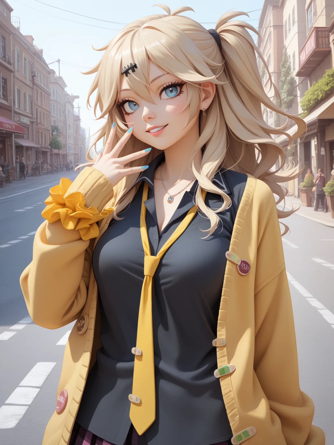 (best quality, masterpiece, ultra high definition, female 1 person:1.1), (name:Kasukabe Tsumugi), Street,(Look straight to the side), face up to hairstyle, Half-open eyes, masterpiece, Best Quality, Perfect Face, Highest Resolution, Best Quality, Detailed depiction of the eyes, 8k, kasukabe tsumugi, One Girl, Black shirt, Yellow tie, Yellow cardigan, Loose socks, plaid skirt