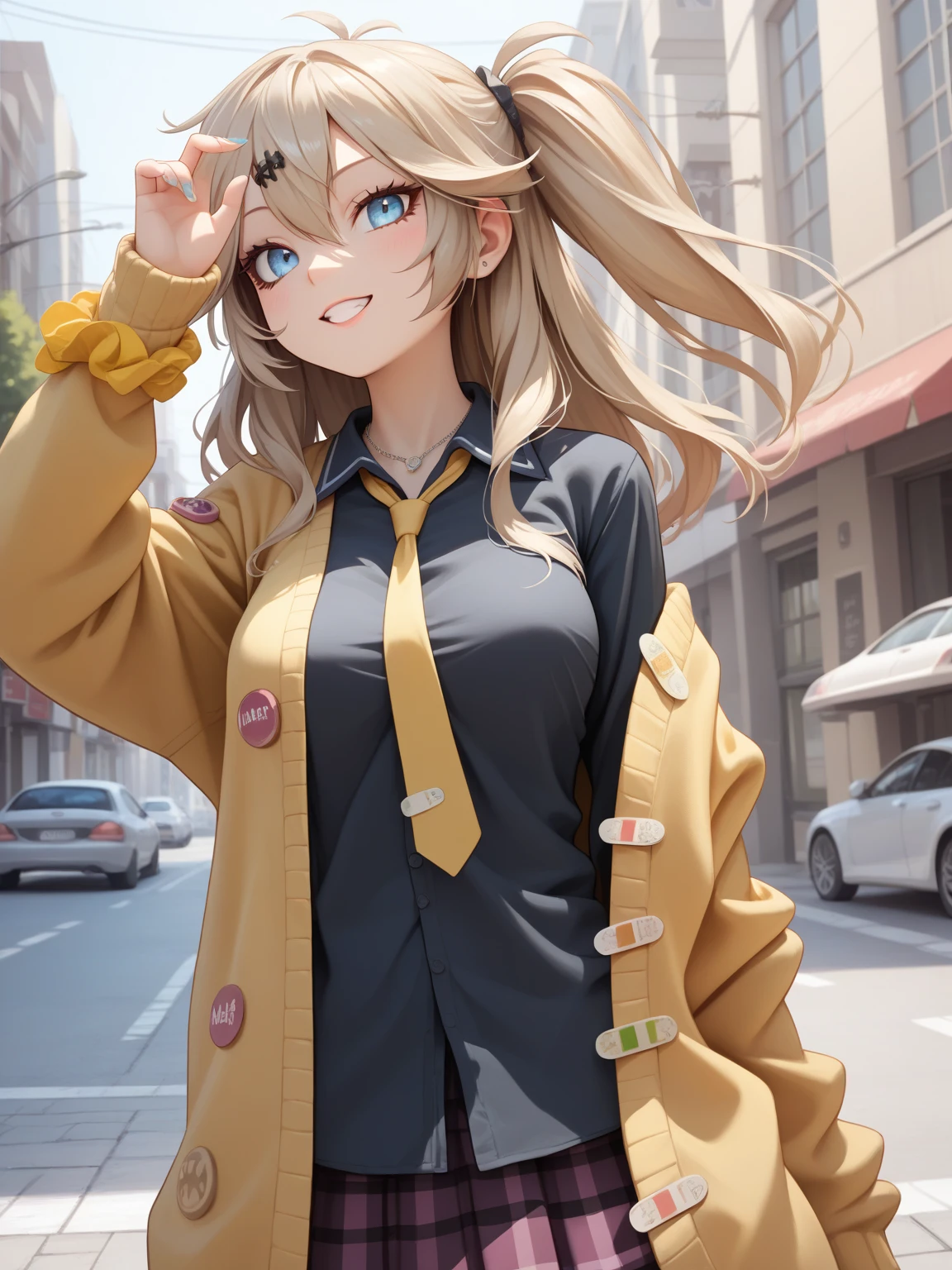 (best quality, masterpiece, ultra high definition, female 1 person:1.1), (name:Kasukabe Tsumugi), Street,(Look straight to the side), face up to hairstyle, Half-open eyes, masterpiece, Best Quality, Perfect Face, Highest Resolution, Best Quality, Detailed depiction of the eyes, 8k, kasukabe tsumugi, One Girl, Black shirt, Yellow tie, Yellow cardigan, Loose socks, plaid skirt