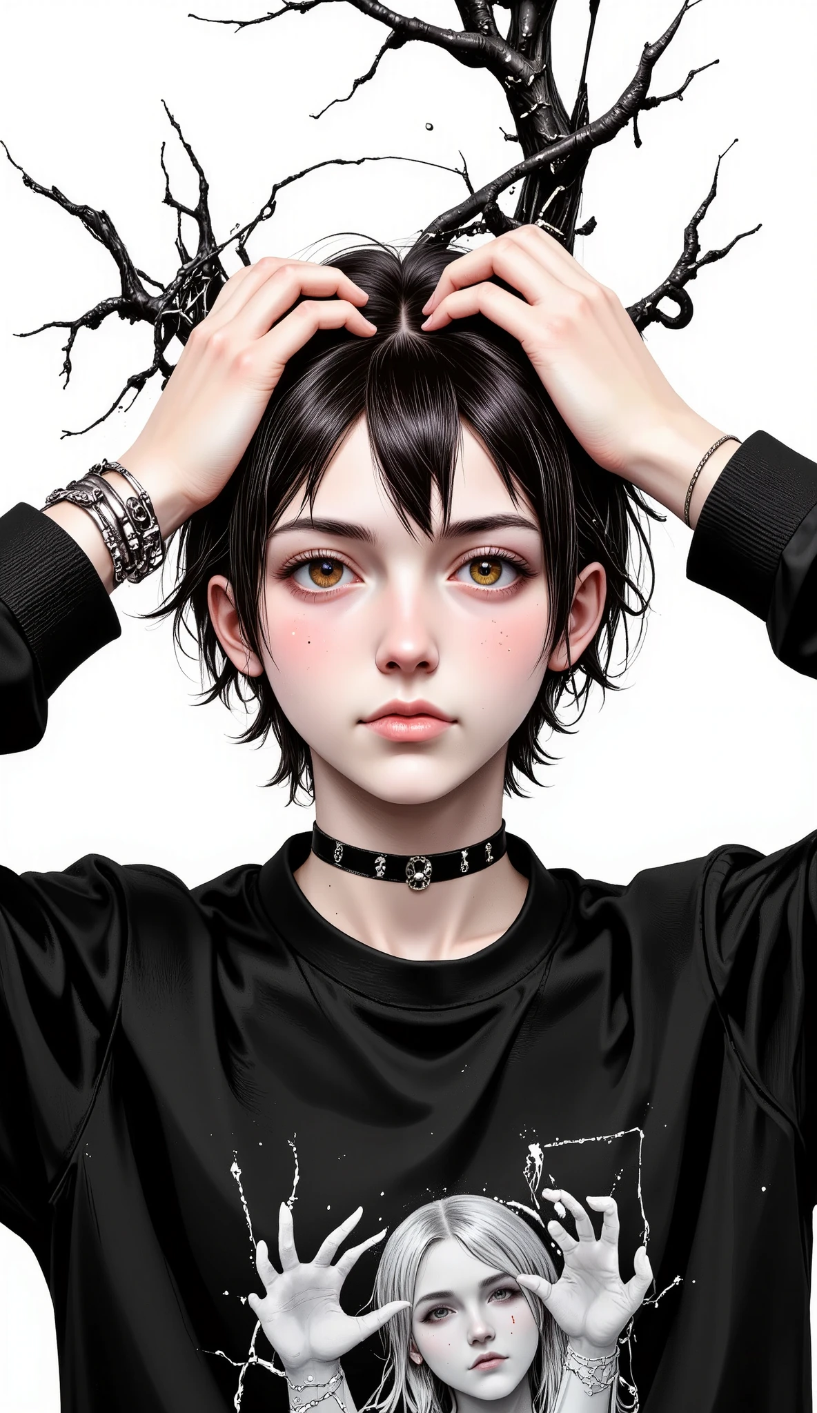 A manga boy:1.5, Creepy hair , Perfect centralization , (franco)by Donnie , standing position , abstract beauty:1.4, centered, looking at the camera medio perfil, looking at the camera , getting closer to perfection , sad, desperation , full body , hands on the head , dynamic, highly detailed , seeds, sharp focus, 8K, high definition resolution , line art illustration , abstract black and white :1.3, The art of meat by Griffiths and Wadim Kashin, white background