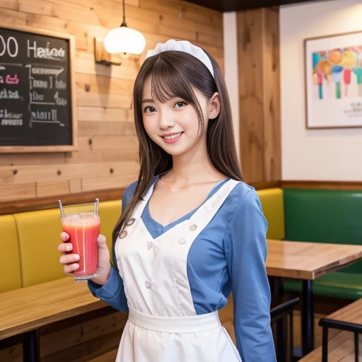 (starbucks store)、High image quality/ultra high definition、girl、slender、()、(No bra)、(Navy blue skirt)、((Cute Smile))、high contrast、(realism:1.4)、looking at the camera、(flash)、Upper body、beautiful breasts、Anatomically accurate body、narrow eyes、Are standing、((Wearing Starbucks apron:1.2))、cleavage、(cute smile)、