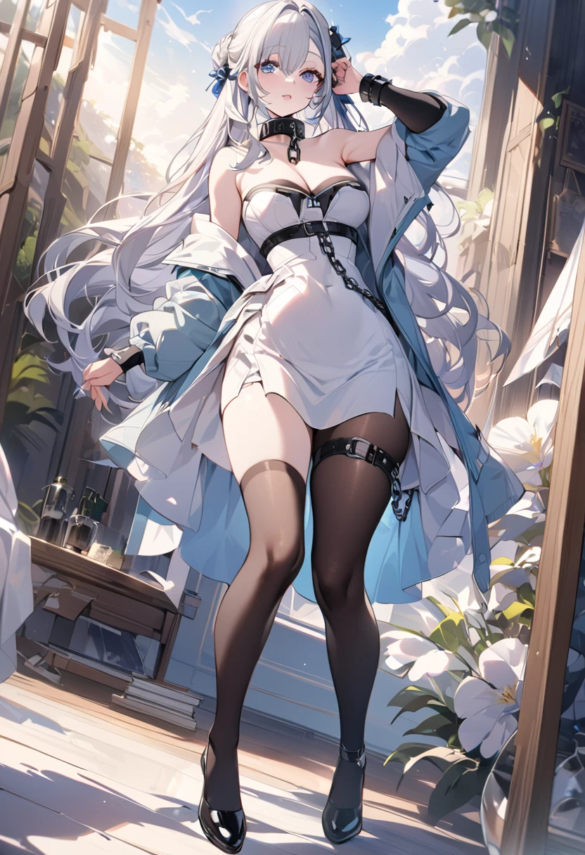 ((A young woman wears a sexy white dress:1.3, cable cardigan:1.3, close-up of chest:1.37, sexually seductive:1.3)), Mature woman with long hair and white dress, white military uniform, red ribbon, Knee-length boots, green eyes, White hair, green inside, full body, great details, beautiful anime illustrations, 26 years old, Take a break, ((milf:1.5, alone:1.5)), (NRF:1.25), (Sagging breasts, refuge chest, big , Thin waist, big ass:1.2), Increase sexiness, (Ultra high resolution, ภาพถ่าย RAW 8k, Realistic picture, Thin outline:1.3, Focus clearly, best quality, natural light, Textile shading, clear background, depth of field, (Bright pupils:1.2, Beautiful, detailed eyes with highlights.:1.3, Highly detailed eyes, Highly detailed face), red lips, Good realistic skin:1.1, look at the audience:1.3, (Dynamic angle:1.3, Focus Target:1.3, from below:1.4), (Many poses:0.0, sexy pose:1.3, นั่ง with opening legs shaped M:1.5), (charming, Smile sexy too.:1.4), The picture in the middle:0.2, (Wearing a long blue coat, translucent lace stockings), (((correct anatomy:1.5))), ((perfect hand:1.5, Ideal body proportions:1.37))