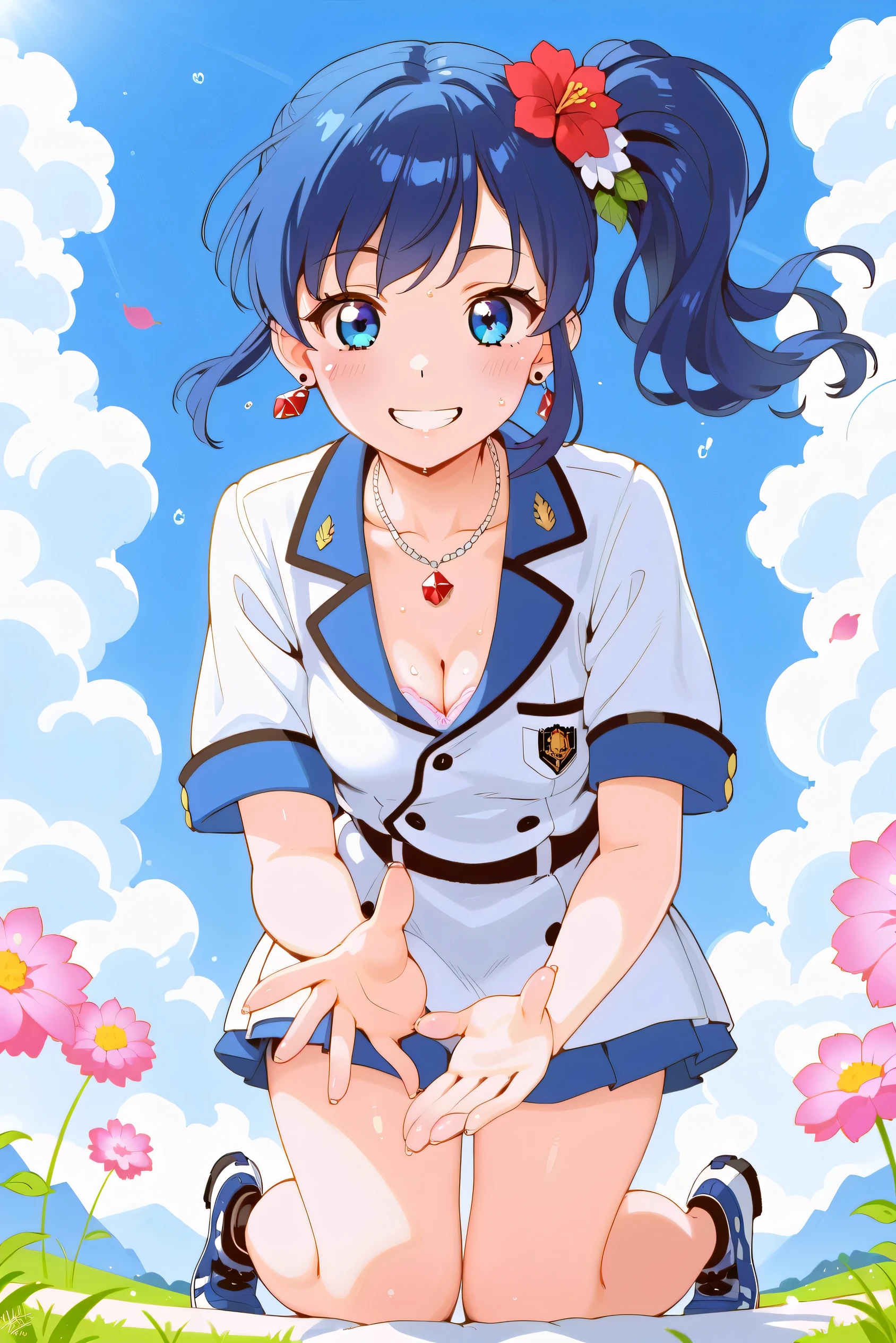 KIRIYA AOI, 1 girl, 18 years old, blue hair, side ponytail, blue eyes, hair ornament, flower ornament, perfect hands, perfect fingers, perfect anatomy, masterpiece, top quality, realistic, surreal, 16k hdr , earrings, (no bra, white shirt, uniform: 1.2) ), outdoors, blue sky, strong wind, from below, (smile), dynamic pose, cleavage, (sweat: 1.2), (leaning forward), kneeling: 1.3), necklace