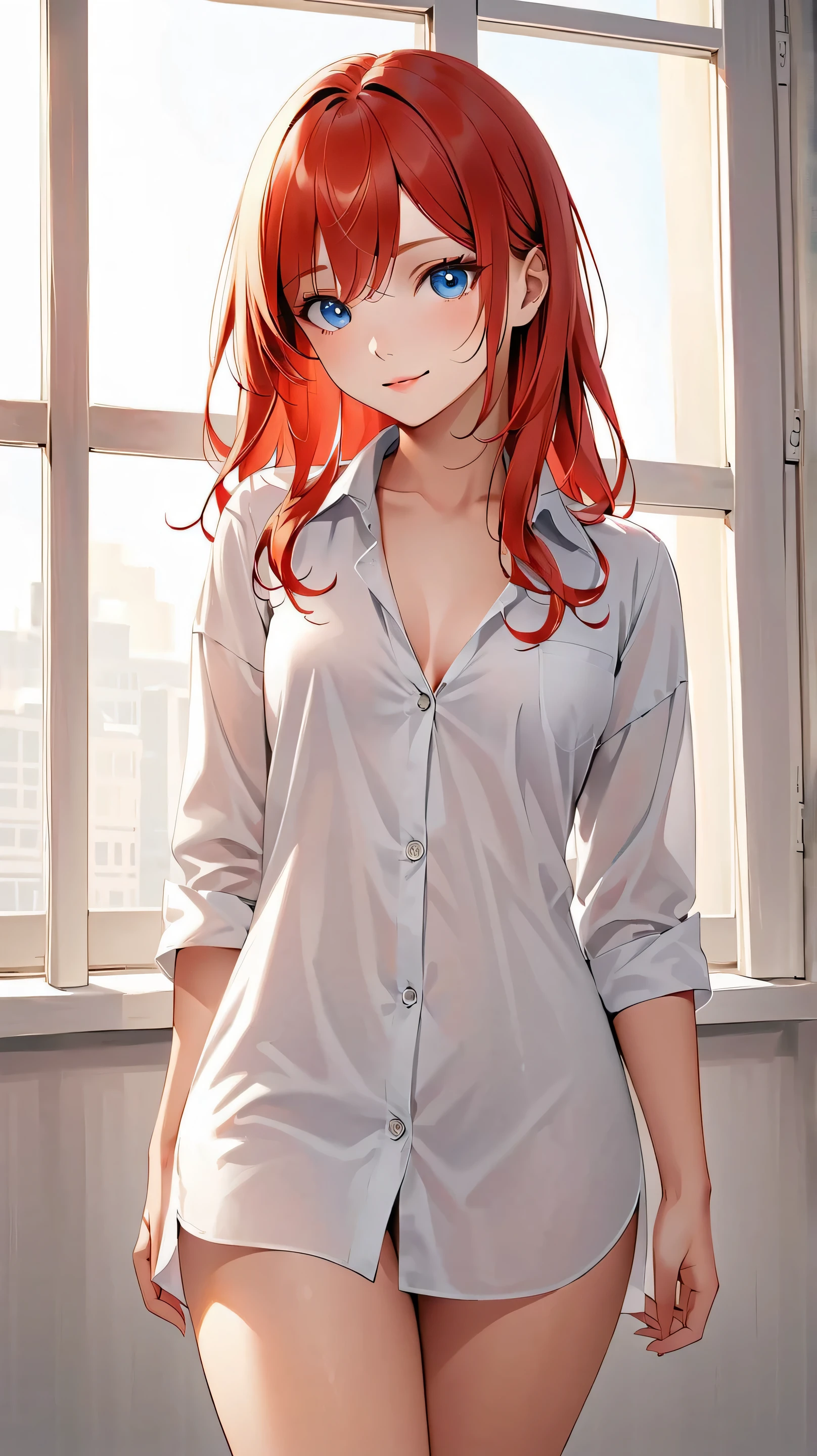 A full-body and front view in a tighter frame
of a tall and balanced proportions girl portrai
with soft vermilion long hair that gently waves.
She wears a standard men's white dress shirt loosely, but ill-fitting, with modest creases at the hem and neatly rolled up sleeves, and two buttons down the front are undone, revealing some cleavage. The shirt stops just above the knees, accentuating the suppleness of her legs and the simple undergarments that are discreetly visible underneath.
The oversized shirt hangs loosely from her ample chest, creating a so-called "tent shirt" effect, while the soft sunlight streaming in through the window illuminates her from behind, accentuating her curves,
A minimalist background,
She stands gracefully on her tiptoes, barefoot, in a white room, her skin gently illuminated by sunlight streaming in through a large window, highlighting her smooth, perfect, lustrous curves, the whole scene exudes a calm and confident aura.
Her clear blue eyes are playful and slightly slanted,
exuding coquettishness, youthful charm and gentle intelligence.
She looks at the viewer with a thoughtful smile.
masterpiece, best quality, ultra-detailed, 8k resolution, illustration, perfect anatomy, 1girl, nice hands, perfect hand,
sharp focus, crisp details, vibrant details, 2D anime style.
beautiful face, detailed face, detailed eyes,
realistic proportioned, eight heads tall, curvaceous body with medium breasts well-shaped breasts, long legs,