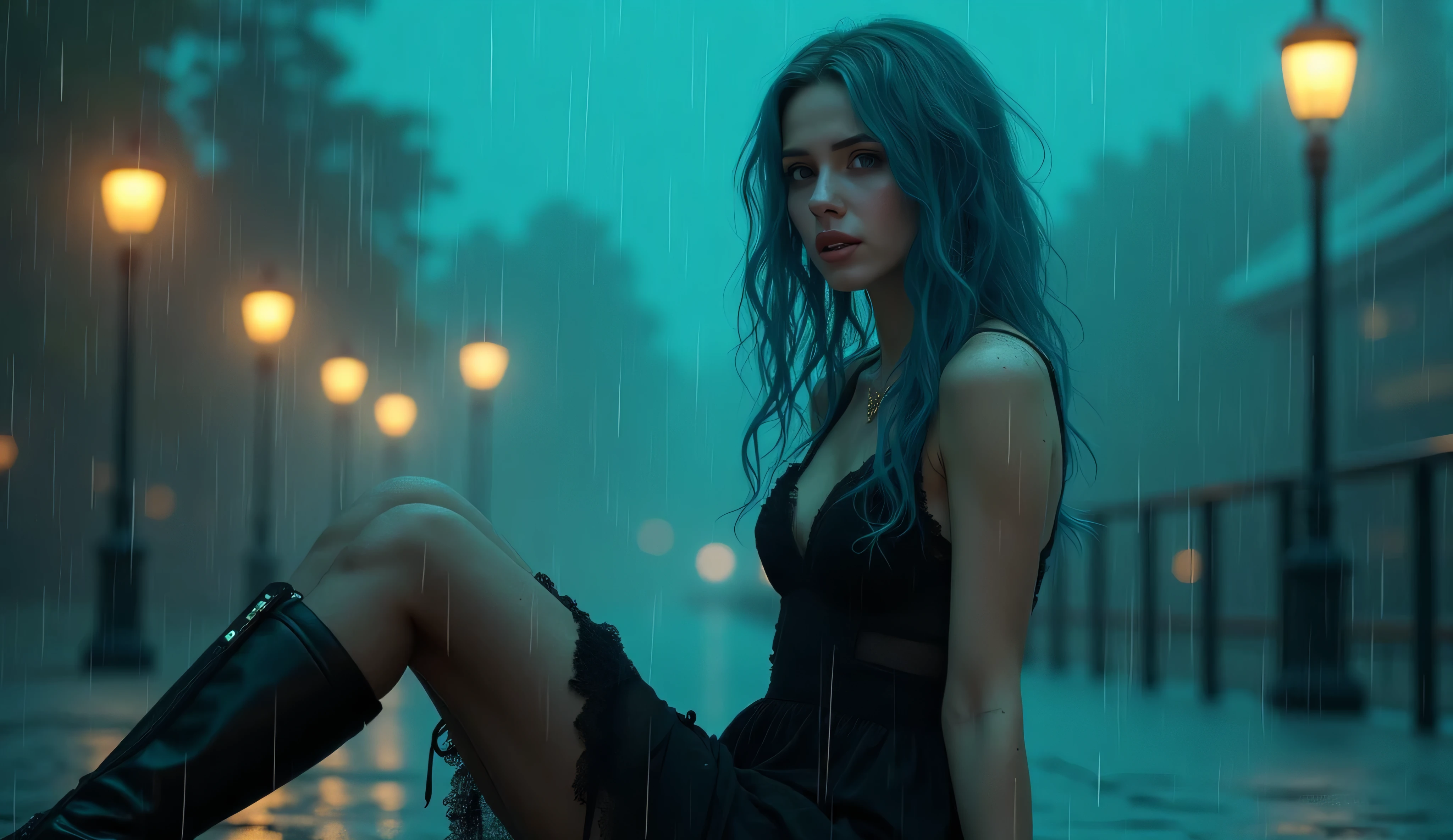 A woman in her 20s with blue hair , waering a dark green satin dress with a jacket and soaking in rain and she's smirking with her eyes closed in the middle of the night