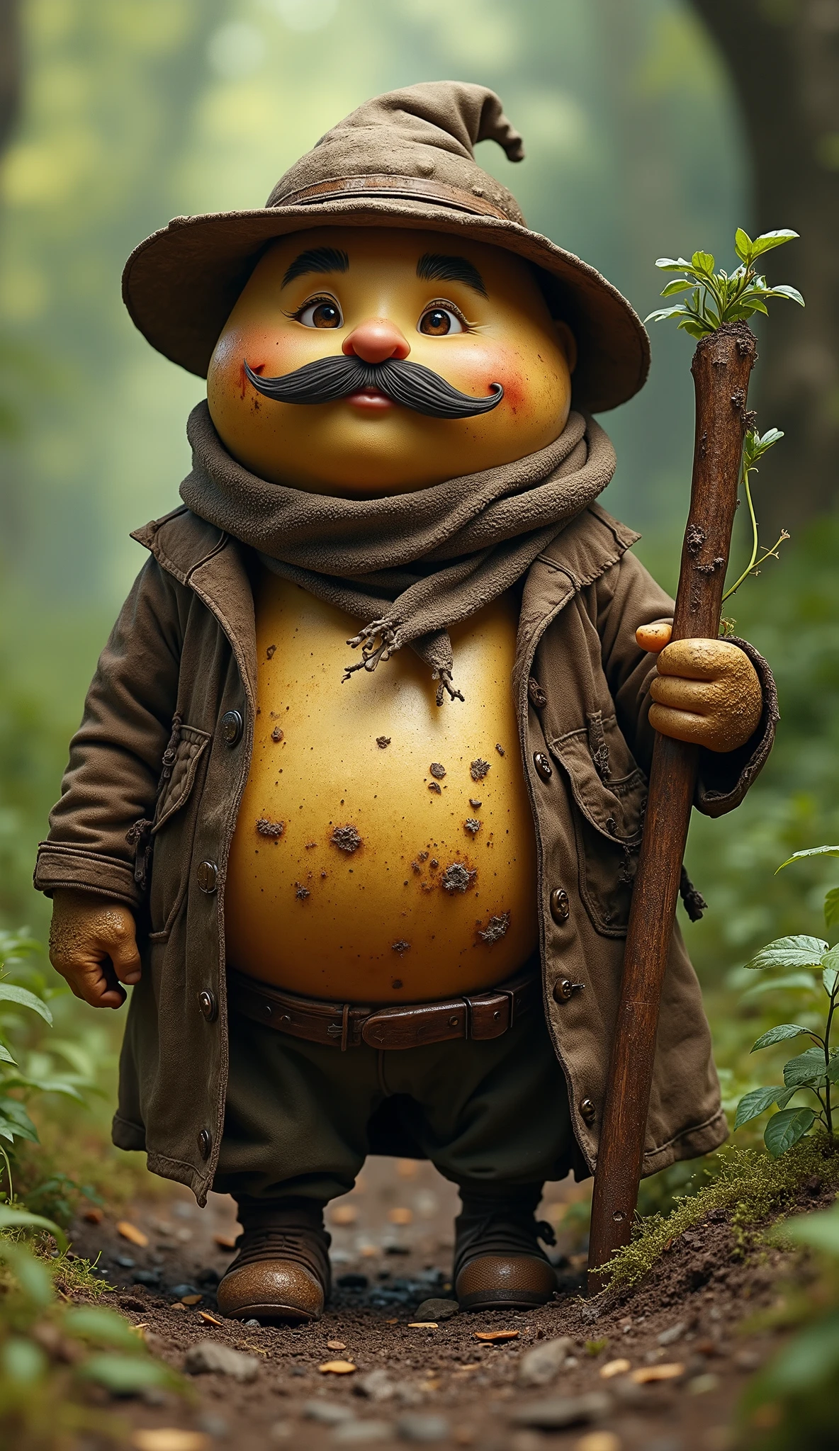 A fantasy character resembling a mix between a human and a potato, with realistic and enchanting features. A short and plump body with a round belly covered in natural dirt-like spots, resembling a potato's skin. The character is extremely dirty, with mud and soil stains covering both their body and clothing, adding a rugged and weathered look. A round face with chubby cheeks, a prominent potato-like nose, and a thick mustache extending across the sides of the mouth. Small, expressive eyes with a soft and melancholic expression.
The character wears old, rustic clothing, including a tattered and heavily soiled brown coat and a worn scarf tied around the neck. A battered leather hat with a deformed shape adds a classic and simple charm. The character holds a primitive wooden stick, adorned with small green plants peeking out of their pocket. The overall appearance suggests a wandering personality, blending with the forest and countryside.
The background is a lush, vibrant forest filled with greenery and soft shadows, with natural lighting highlighting the character's intricate details. Highly detailed, soft lighting, natural colors, a mix of realism and fantasy, evoking simplicity with a touch of mystery and magic.