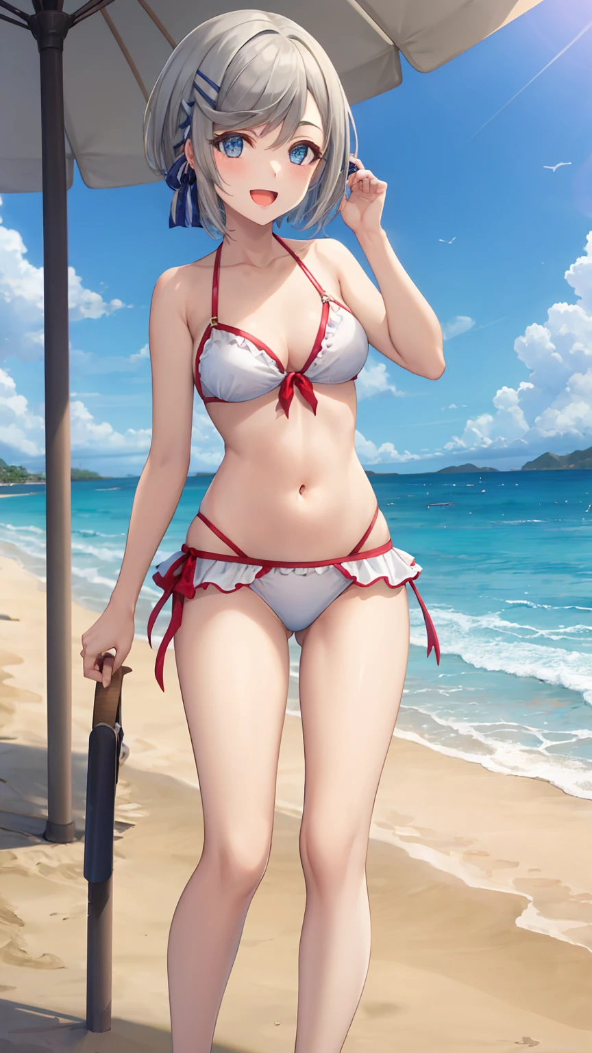 ((masterpiece、4k、8K、highest quality: 1.perfect fingers: 1.perfect anatomy: 1.3、background blur))、((Super precise expression))、((White frill、cute pink bikini、maid headband))、((、thin、small face、super beautiful girl、straight long hair))、beautiful eyes:1.1、smile、(pose with hands on hips)、blue sky、mansion by the sea、white sand beach、Grass、
bra、wipe panties,expose one's chest,sexy and excited,beautiful breasts,white skin,pointed chest,erect nipples,porn images,a lot of sweat,wet costume,wet body