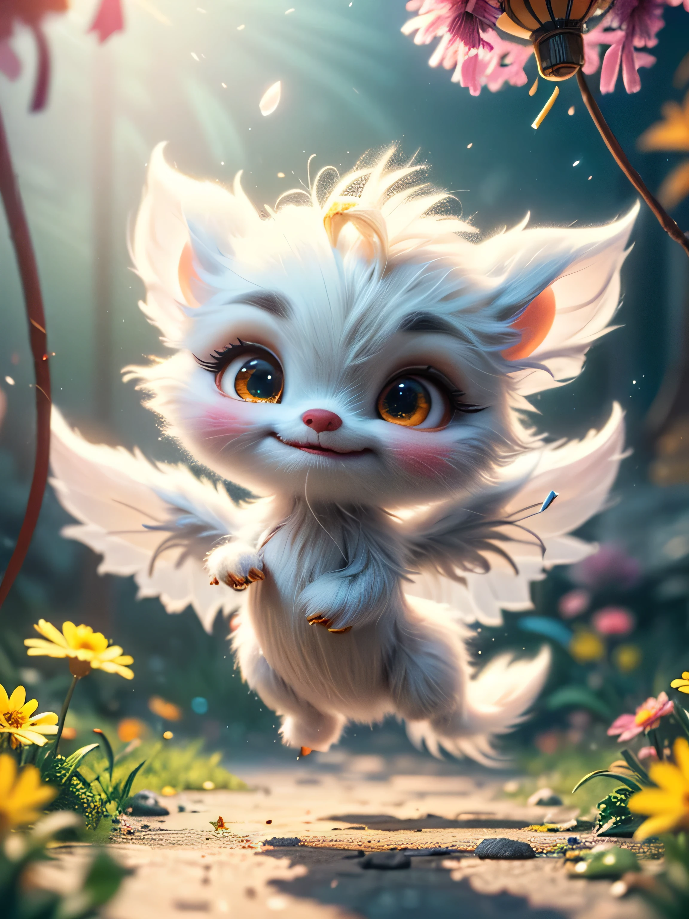(Best Quality, Super Detail, Masterpiece, Representative Work, Official Art, Professional, Super Detail, 8k:1.3) (Photorealistic:1.2) Mystical plain in white dandelions. Very cute mythical graceful transparent anthropomorphic furry creature holds a lamp. thin arms, fragile thread legs. Natural Lighting, Soft Background, Photorealistic, Shining Eyes, Sharp Focus, Cute and Mischievous Look, Hint of Mischief, Dreamy Atmosphere, Delicate Details, Soft Volumetric Light, (Backlight:1.3), (Cinematic:1.2), Intricate Details, (ArtStation:1.3)