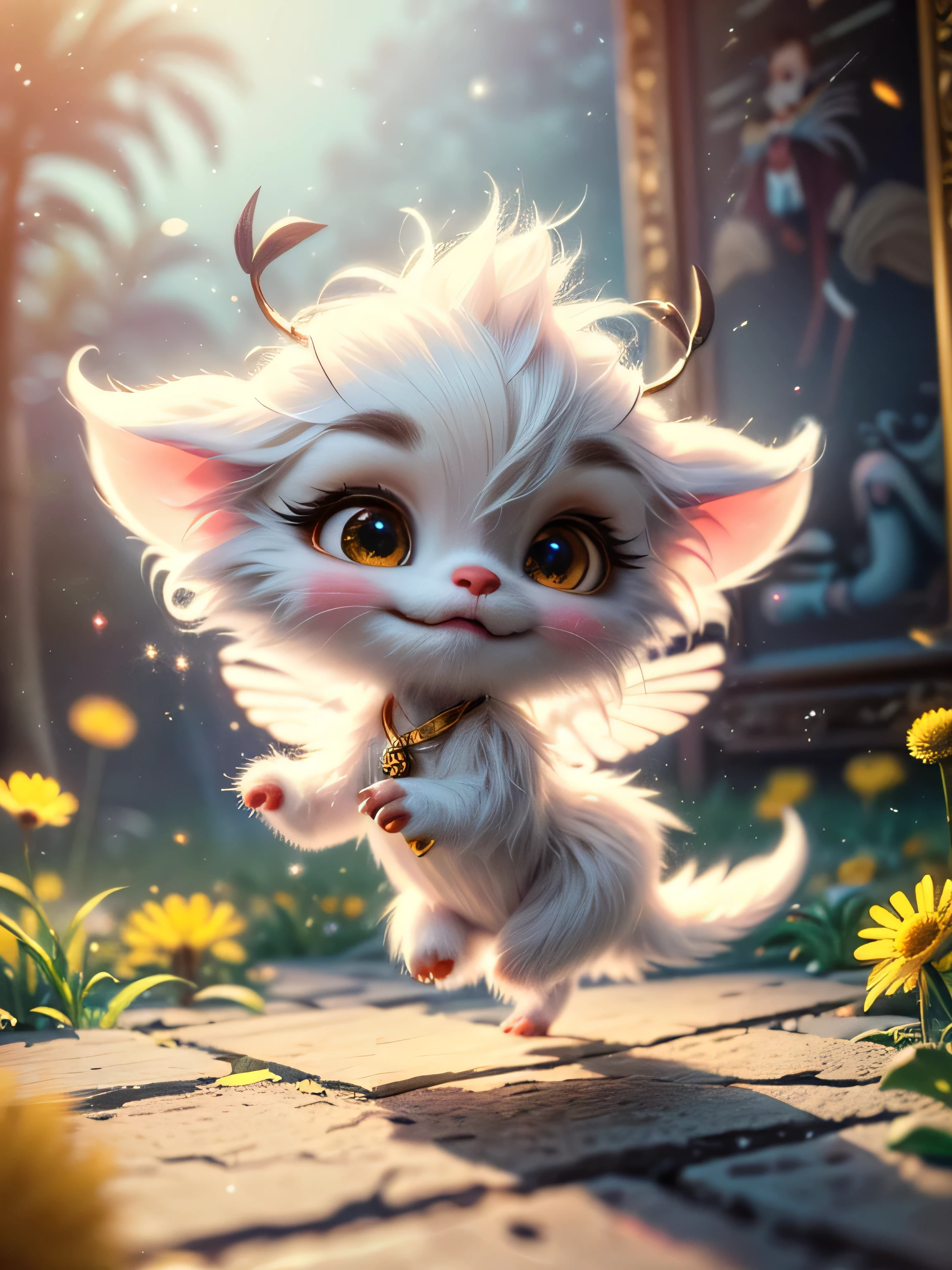 (Best Quality, Super Detail, Masterpiece, Representative Work, Official Art, Professional, Super Detail, 8k:1.3) (Photorealistic:1.2) Mystical plain in white dandelions. Very cute mythical graceful transparent anthropomorphic furry creature holds a lamp. thin arms, fragile thread legs. Natural Lighting, Soft Background, Photorealistic, Shining Eyes, Sharp Focus, Cute and Mischievous Look, Hint of Mischief, Dreamy Atmosphere, Delicate Details, Soft Volumetric Light, (Backlight:1.3), (Cinematic:1.2), Intricate Details, (ArtStation:1.3)