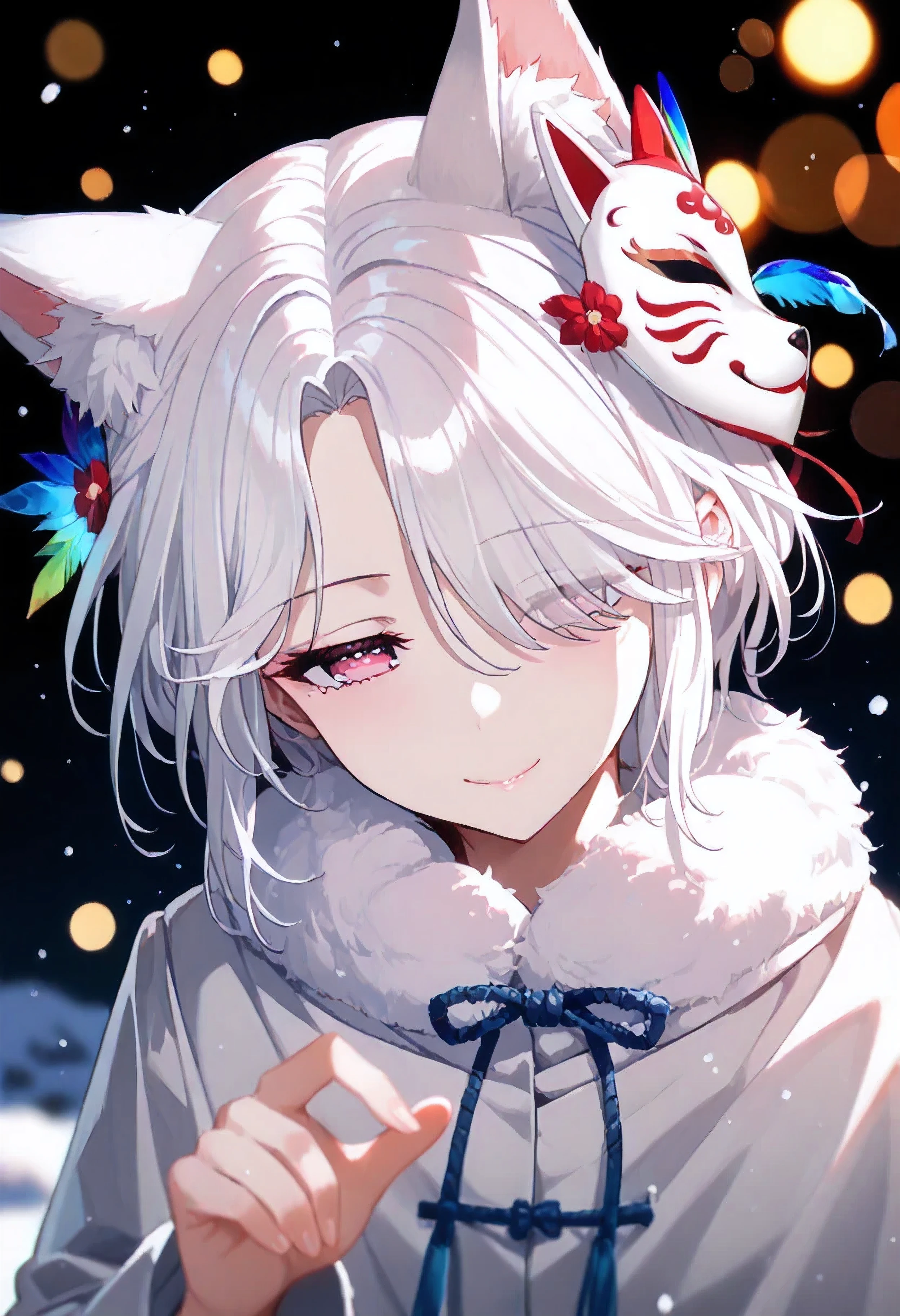 UN\(EOE\),one girl,solo,best quality, masterpiece, ,,break,1girl,(snow,standing,bokeh bakcground,from ablove,leaning_forward,),break, incredibly_absurdres, ,very high resolution, very aesthetic,by famous artist, 8k, 16k,,beauty illustration,photoshop_(small),,(pink eyes:1.2,half-closed eyes),(white hair|Detailed hair|short hair|shiny hair|curtained hair|sidelocks|hair covered ears),(white velvet,top coat,fox mask),POV,(sleepy, depressed,smile,jitome),dilated pupils, empty eyes,one mole under eye,tareme,hair strand, hair over one eye,evil smile, naughty face,(rainbow feather on hair)