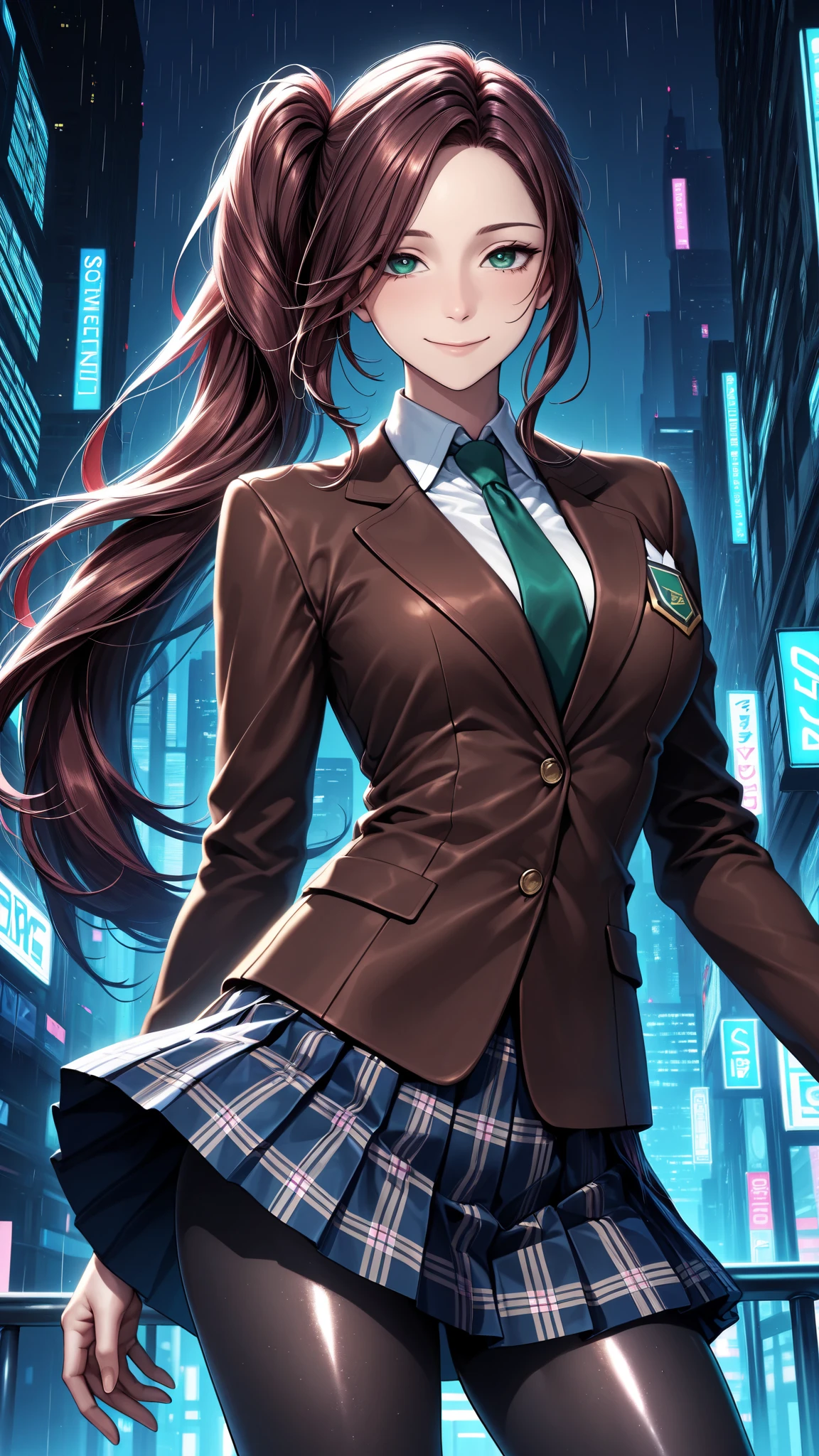masterpiece, best quality, vibrant, very aesthetic, high contrast, anime style, semirealistic, newest, shiny skin,slender, cinematic-lightning, Enhance colors to maximum saturation, cowboy shot, high contrast, 1girl, detailed eyes, green eyes, slightly smile, detailed semi-long hair, dark brown silky hair, forehead, sliced back hair, side ponytail, contrapposto, Captivating thighs, uniform, brown blazers, Green tie, Plaid Pleated Skirt, black tights, rainy cyber city, at night