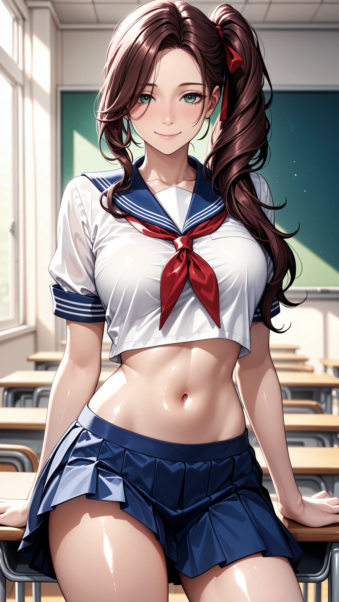 masterpiece, best quality, vibrant, very aesthetic, high contrast, anime style, semirealistic, newest, cinematic-lightning, Enhance colors to maximum saturation, shiny skin, slender, 1woman, cowboy shot, detailed face, detailed eyes, green eyes, slightly smile, semi-long hair, dark brown silky hair, forehead, sliced back hair, side ponytail, contrapposto, navel, Captivating thighs, knee, classroom, (sheer crop top white shirt), sailor suit,blue pleated skirt, red ribbon tie