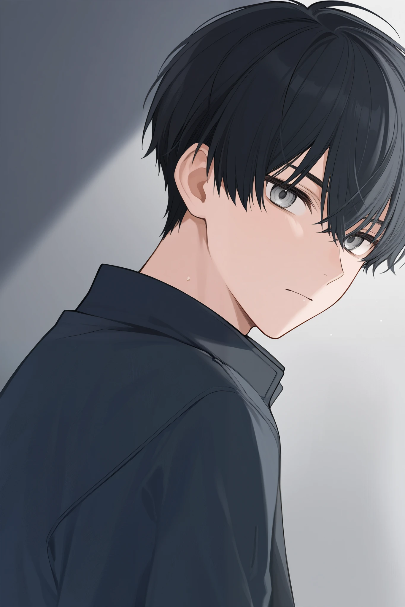 Anime boy with short black hair and grey eyes