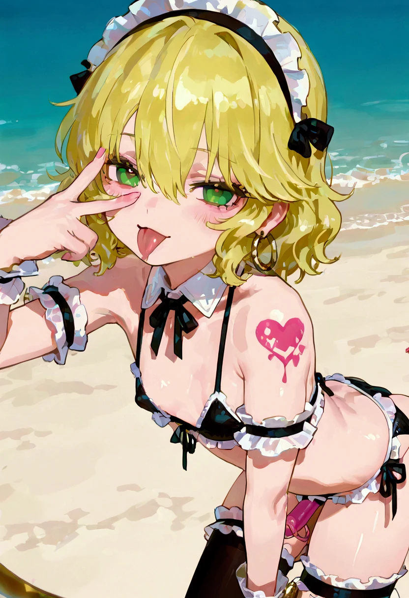 Humphrey, Blonde, short hair, Green Eyes, alone, (, zettai ryouiki)), smile, Pink Lips, Are standing, masterpiece, Highest quality, High resolution, Humphrey, Blonde, Braiding, beret, Black Hat, Earrings, Bracelet, Plaid, Bare shoulders, Black Bow, Black Dress, Wrist cuff, bracelet, belt, Fishnet tights, Idolmaster Cinderella Girls, Hospital room, Sharp contours, Short sleeve, Highest quality, masterpiece、B, inquiry, Talk to your audience、 Close your mouth and highlight your face、、(Dark purple lipstick、Purple lips)Are standing完全に透明な黒いブラウス, Transparent invisible holder, Seductive pose, stripper, Clearly visible, two large Protruding, Protruding, (Water droplets on the skin), detailing Water droplets on the skin, Rear view, smile, Blushing、Black Swimsuit、Uterus tattoo:1.3)(((High heels, )))(Sky Eye:1.2), (Half:1.3), (Shaved pussy, (Lower abdomen tattoo:1.5), (Spade Tattoo:1.5), (belly button: 1.1), (Bare shoulders: 1.1), (邪悪なsmile: 1.3),