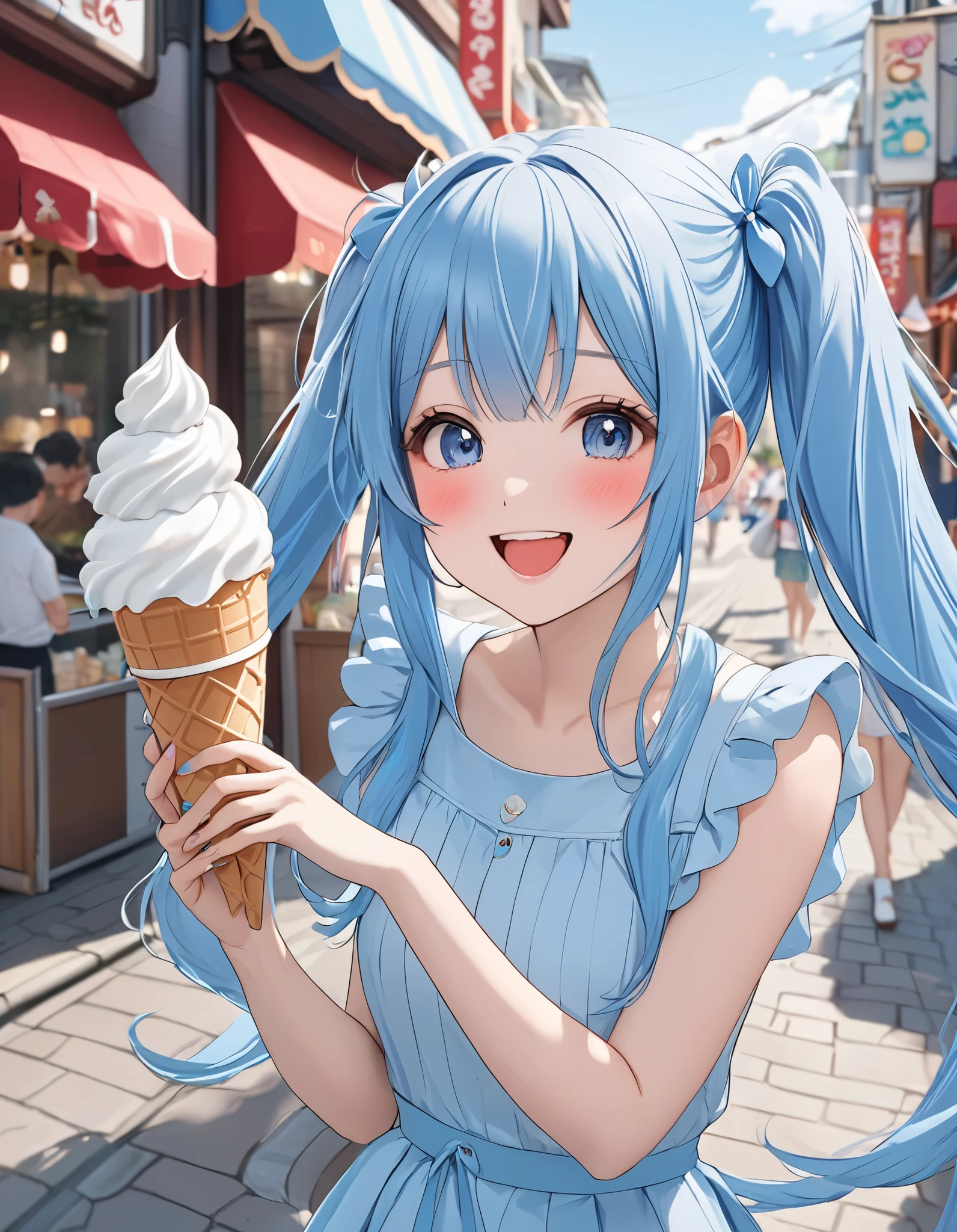 masterpiece, best quality, extremely detailed, (illustration, official art:1.1), 1 girl ,(((( light blue long hair)))), ,(((( light blue long hair)))),light blue hair, , long hair ((blush)) , cute face, big eyes, masterpiece, best quality,(((((a very delicate and beautiful girl))))),Amazing,beautiful detailed eyes,blunt bangs((((little delicate girl)))),tareme(true beautiful:1.2), sense of depth,dynamic angle,,,, affectionate smile, (true beautiful:1.2),,(tiny 1girl model:1.2),)(flat chest),A very beautiful light blue long hair girl is eating a giant soft serve in front cafe. 1girl, solo, (white tube-top), off shoulders, portrait, looking atsoft serve cream cone, ((giant mint soft cream, and chocolate soft cream mixed)), food, open mouth, (holding soft serve cone), brown cone, long hair, swaying bangs, mint eyes, beautiful round eyes, long eyelashes, perfect her fingers, pale skin,
